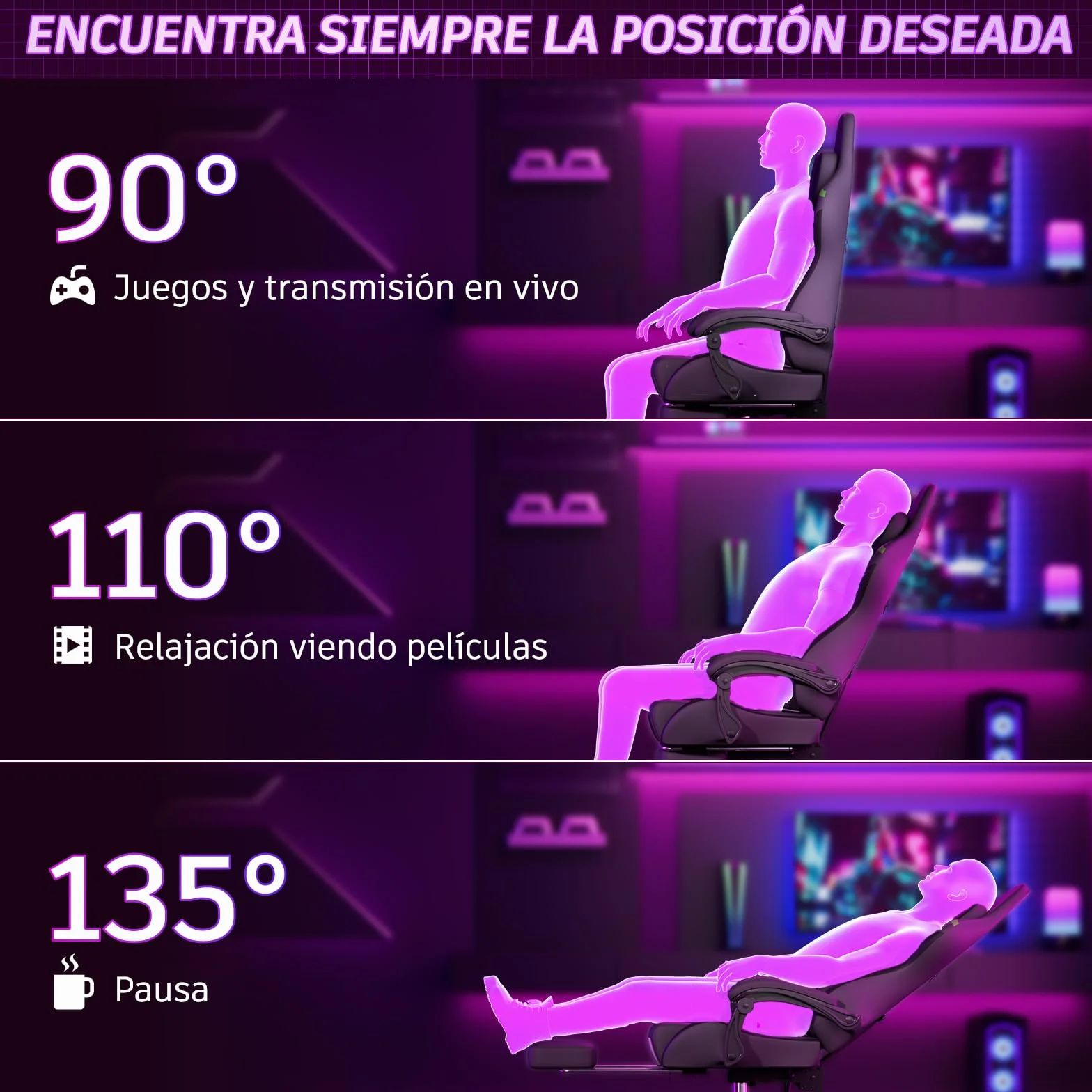 Soontrans Silla Gaming con Masaje Lumbar, Reposapiés Retráctil, Respaldo Inclinable 135°, Carga 150kg (Cuero Gris)
