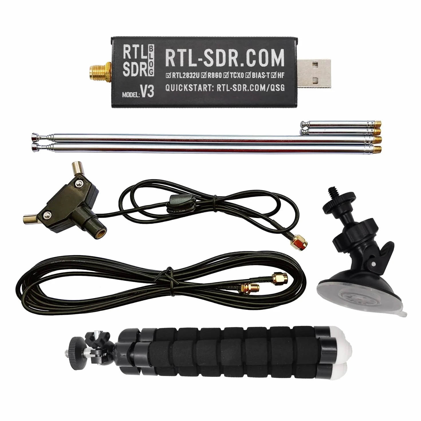 RTL-SDR Blog V3 R860 RTL2832U 1PPM TCXO HF Bias Tee SMA Software Defined Radio with Dipole Antenna Kit (Negro)