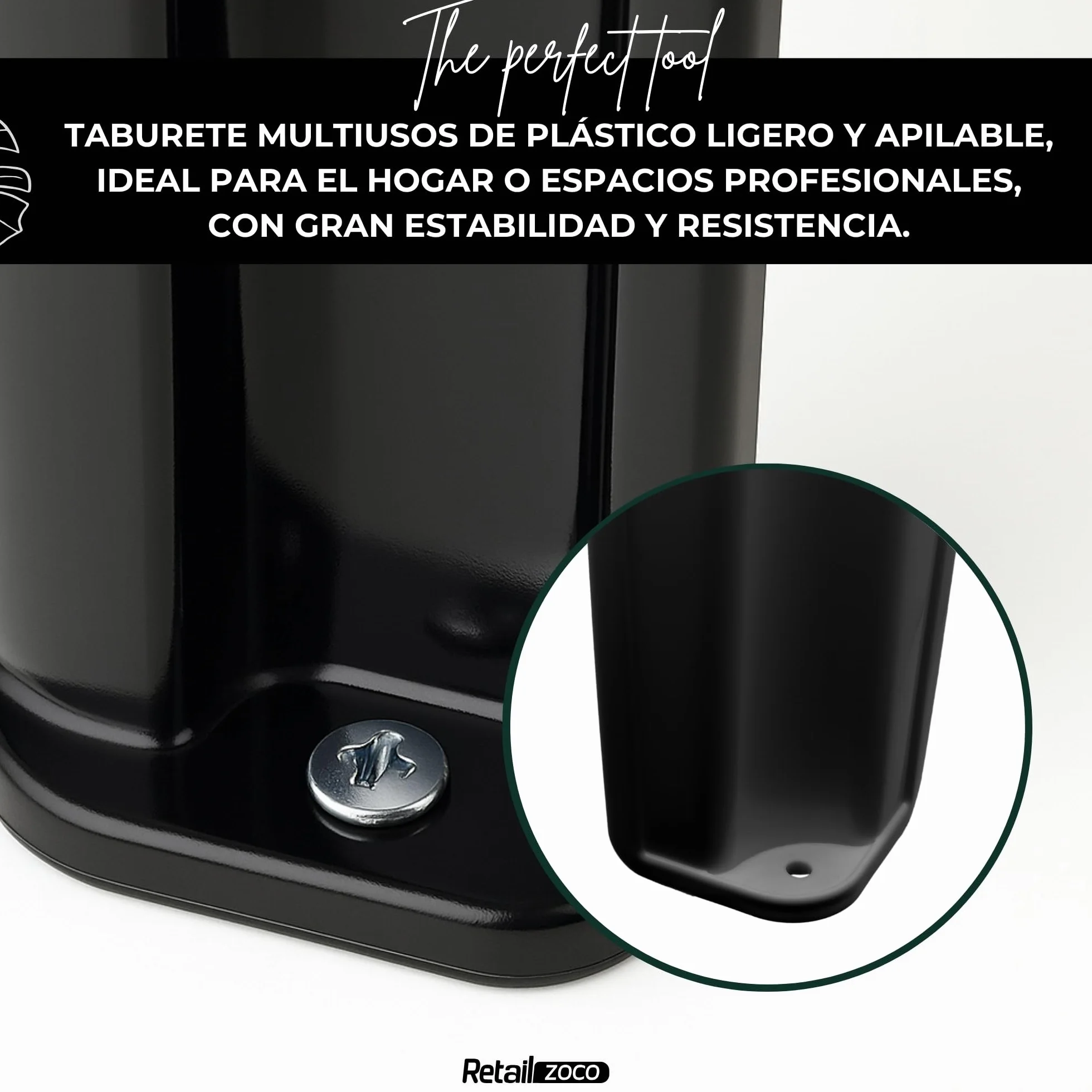 TECHZOCO Taburete de Plástico Apilable Multiusos, 150Kg, 28x35 cm, Negro