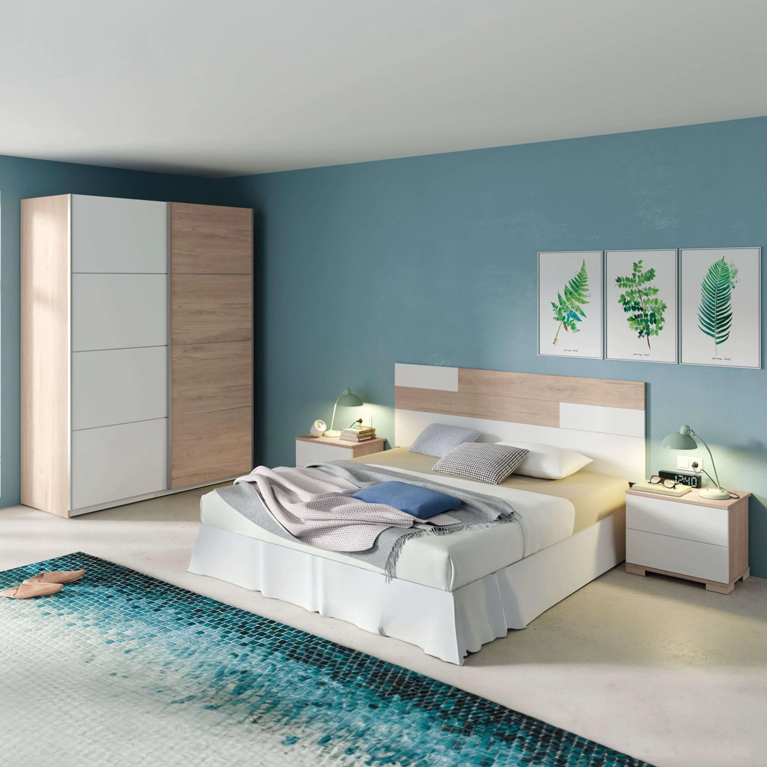 Miroytengo Pack Habitación Matrimonio Onix Blanco Y Roble Camas 150 cm (cabecero+mesitas+Armario)