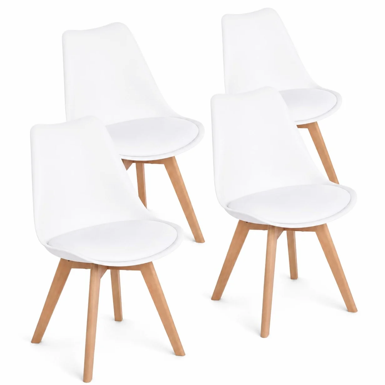 EGGREE Pack de 4 Sillas de Comedor Sillas Cocina Nórdico con Asiento Tapizado y Las piernas de Madera de Haya Maciza, Blanco