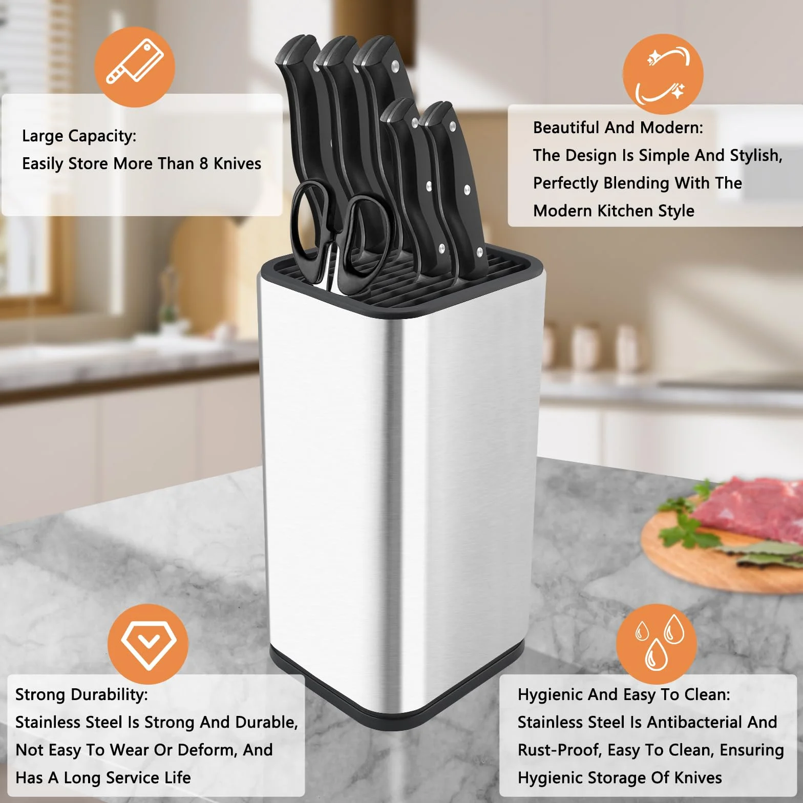 Soporte Cuchillos Cocina Acero Inoxidable para 8 Cuchillos con Ranura Tijeras