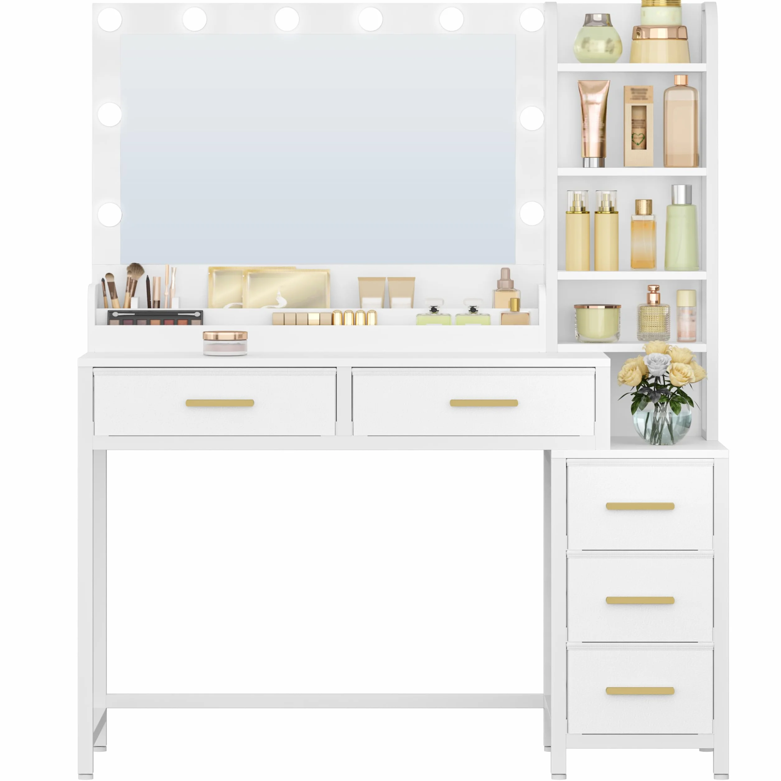 HEXCELEN Tocador de Maquillaje con Luz LED 110 cm, 3 Colores Brillo Ajustable, Espejo Grande, 5 Cajones, Blanco