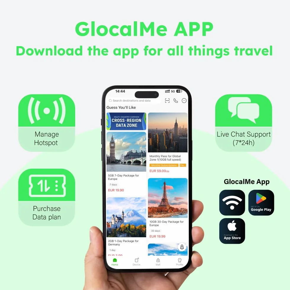 GlocalMe G4Pro 4G LTE - Router inalámbrico móvil, no necesita SIM, 2,4 GHz/5 GHz, punto de acceso WiFi, con 10 GB de datos de la UE, 3900 mAh y 12 horas, cobertura de más de 200 países, WiFi portátil