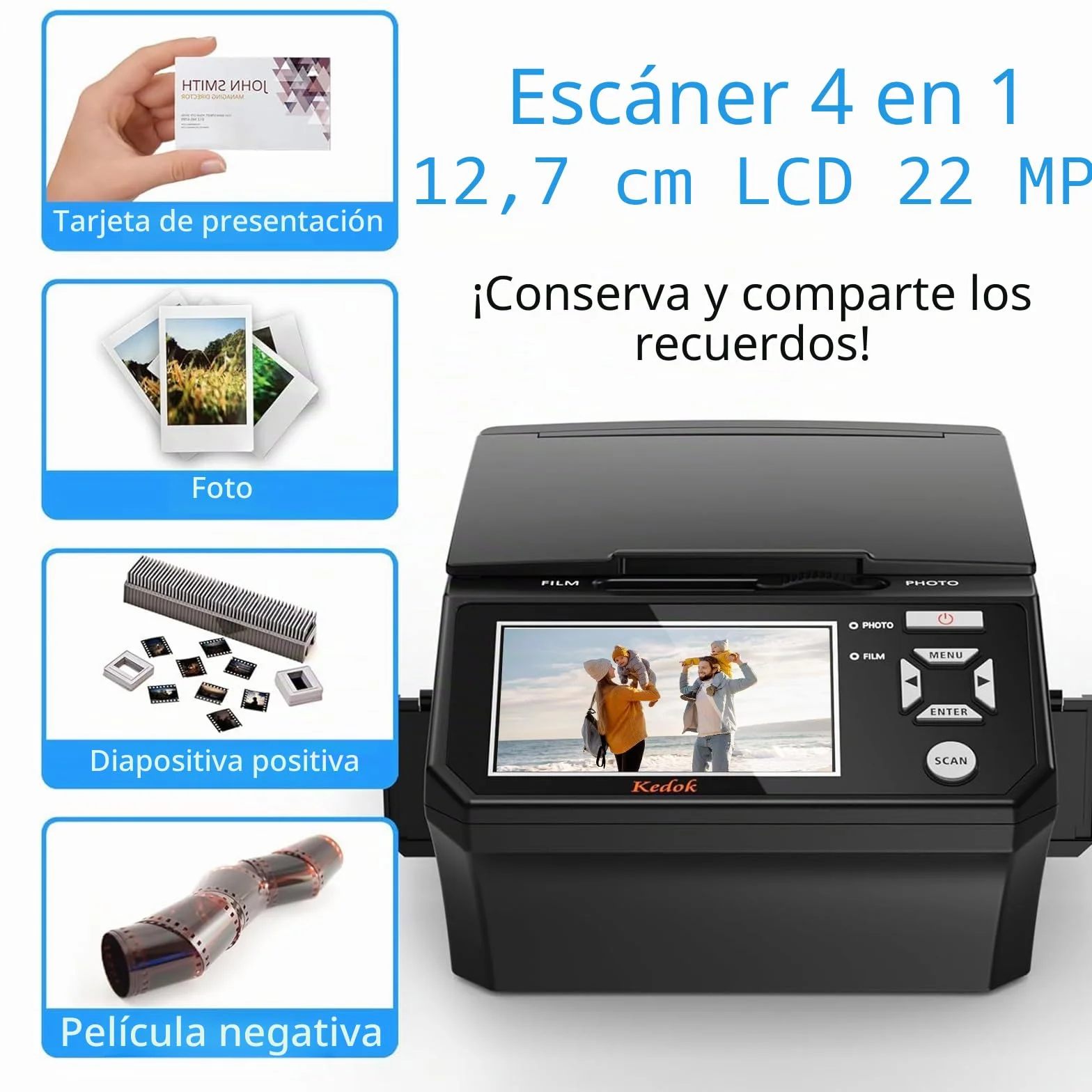 Escáner de Diapositivas Digital de 22 MP con Pantalla LCD de 5 Pulgadas - Convierte fácilmente películas/Fotos y Tarjetas de Visita de 35 mm, 110 a Formato JPEG, Tarjeta de Memoria de 8 GB incluida
