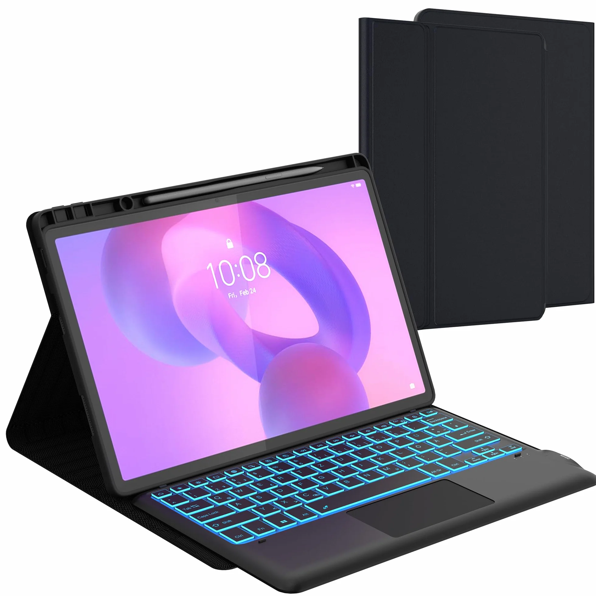 Funda para Lenovo Idea Tab Pro Tablet de 12,7 pulgadas con teclado – Iluminación 7 colores extraíble Trackpad Cover – Teclado QWERTZ alemán iluminado con soporte para bolígrafo para Lenovo Idea Tab