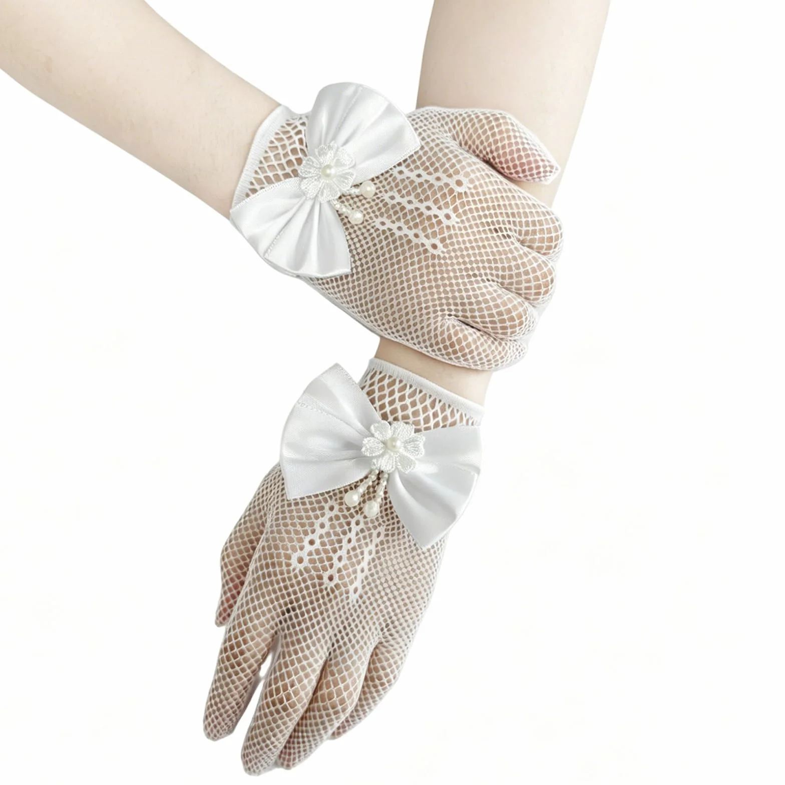 SwirlColor Guantes Blancos de Satén Organza para Niña Primera Comunión Boda Fiesta con Encaje Floral