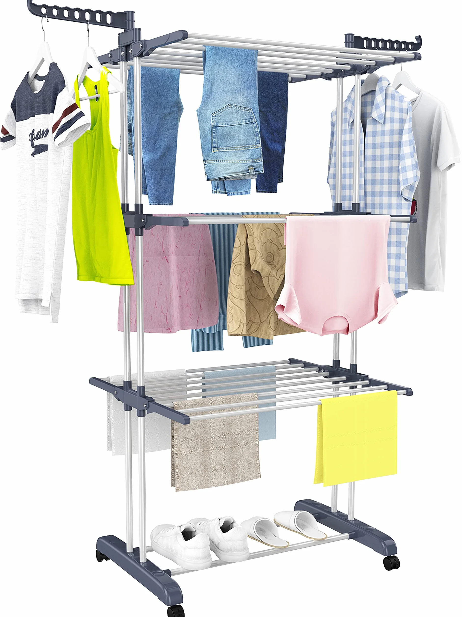 HOMIDEC Tendedero Plegable Vertical 4 Niveles con Ruedas, Acero Inoxidable, Exterior e Interior, Gris