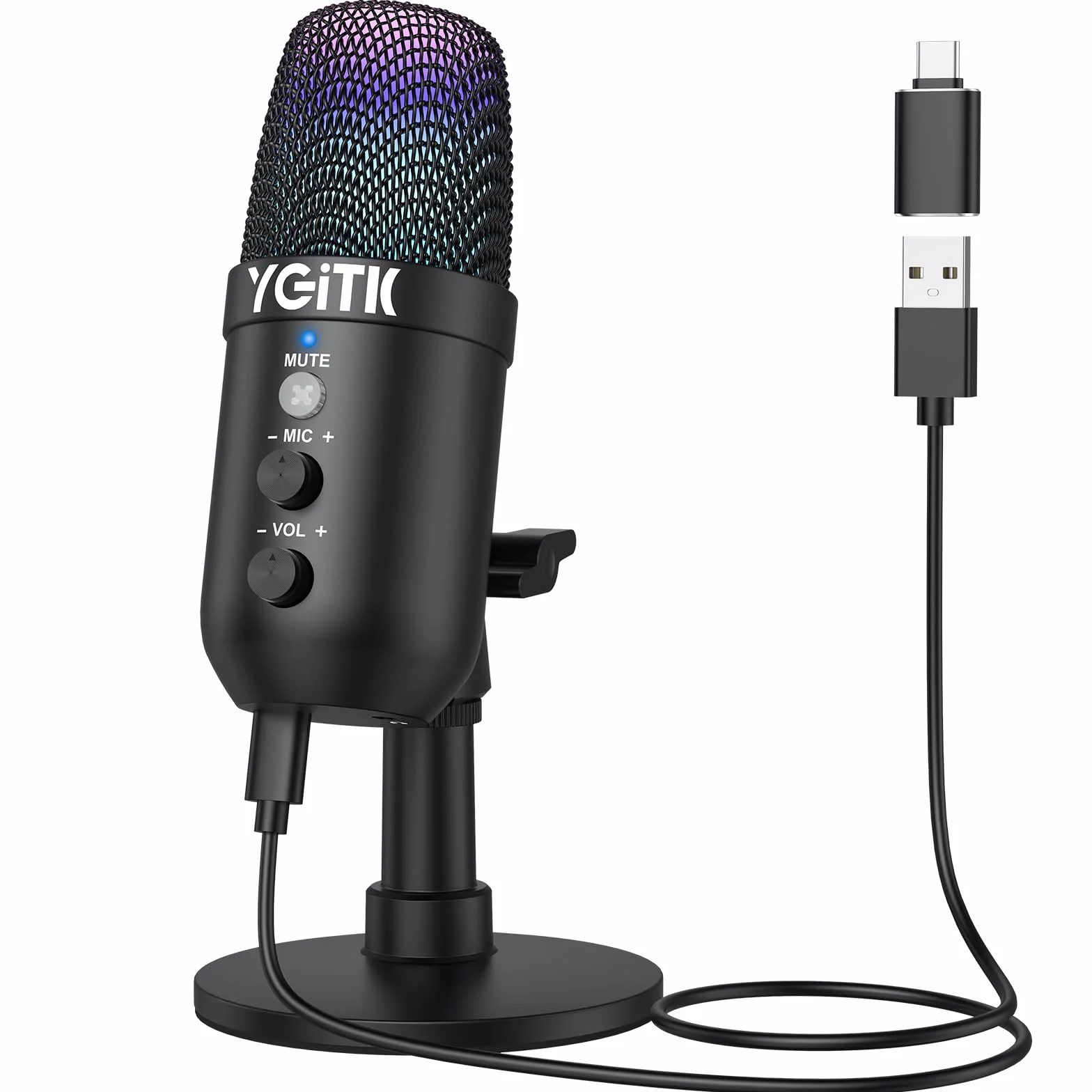 Micrófono USB，Microfono PC Gaming RGB,Reducción Inteligente del Ruido con Audio de 3.5 mm Plug & Play para PC Teléfonos, Canto, Youtube,Facebook TIK Tok Compatible con Mac, Windows