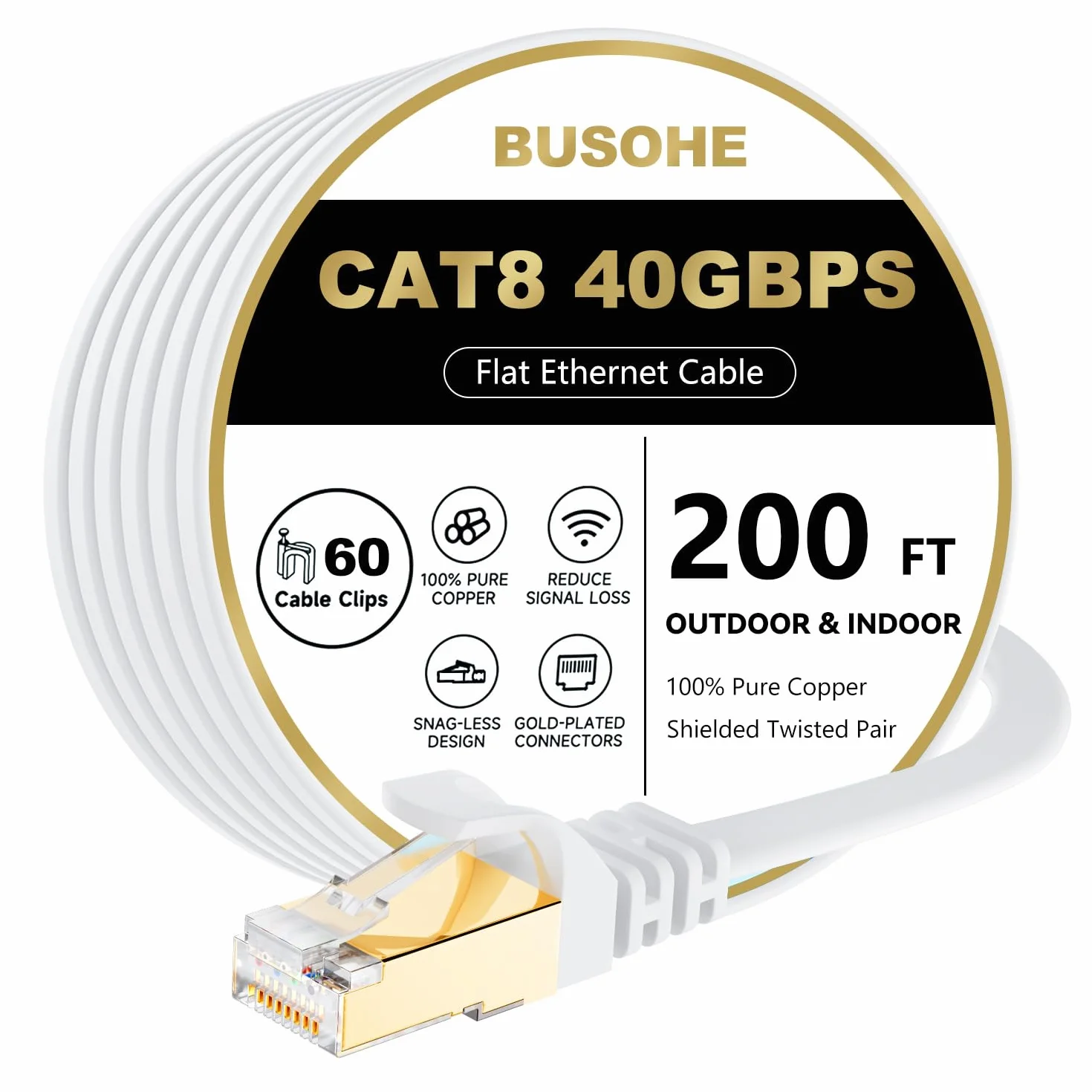 BUSOHE Cable Ethernet Cat 8 de 200 pies, cable de red LAN Cat 8 de alta velocidad, 40 Gbps 2000 MHz, cable de Internet Gigabit resistente blindado en pared, interior y exterior para router, módem, PC