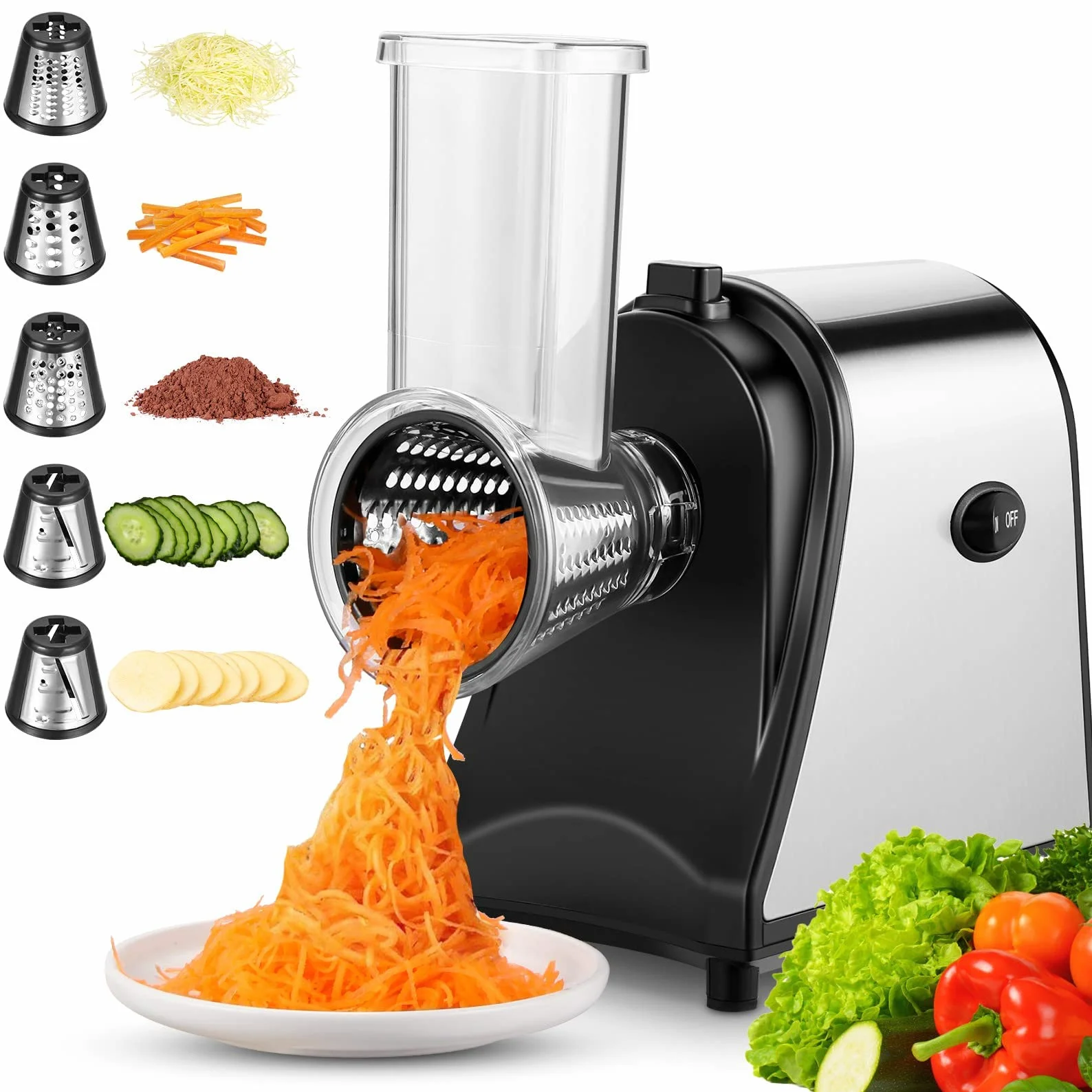 Meykey Rallador Eléctrico de Verduras y Fruta 250W, Cortador con 5 Accesorios de Acero Inoxidable, Sin BPA