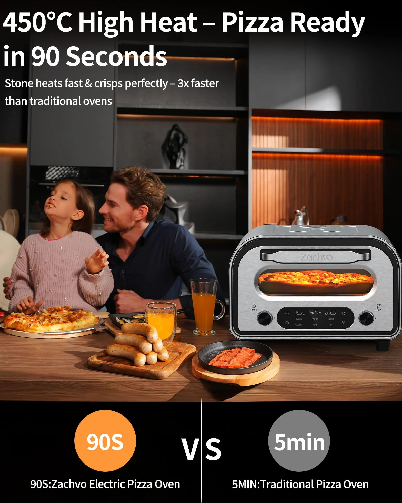 Horno Eléctrico para Pizza 450°C 5 Programas Temporizador 1-60 min Pantalla Táctil Acero Inoxidable