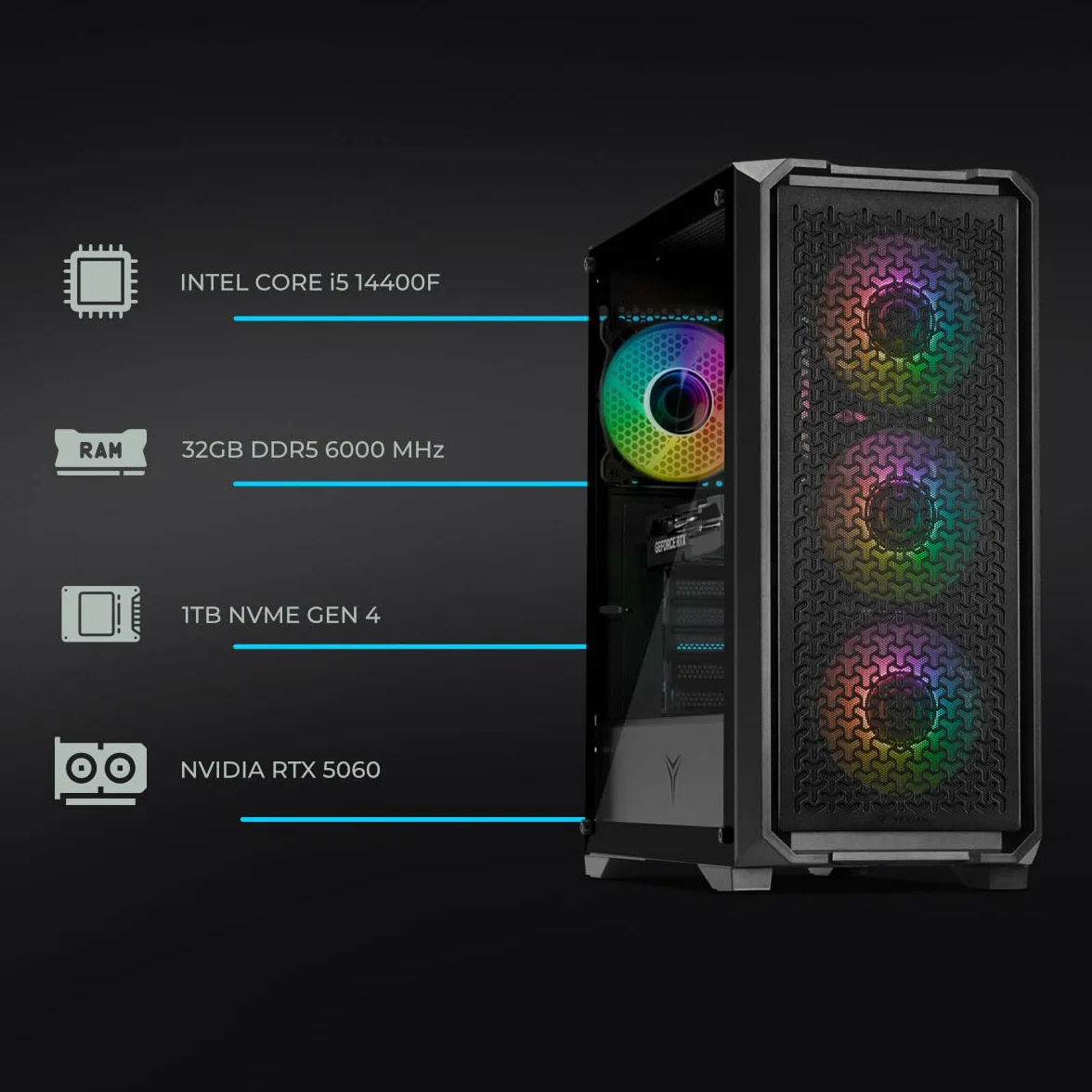 YEYIAN Gaming PC VaultESP | Intel i5-14400F 10-Core (4.7GHz Turbo) | NVIDIA RTX 5060 8GB GDDR7 | 32GB DDR5 6000MHz | 1TB NVMe SSD Gen4 | Windows 11 Pro