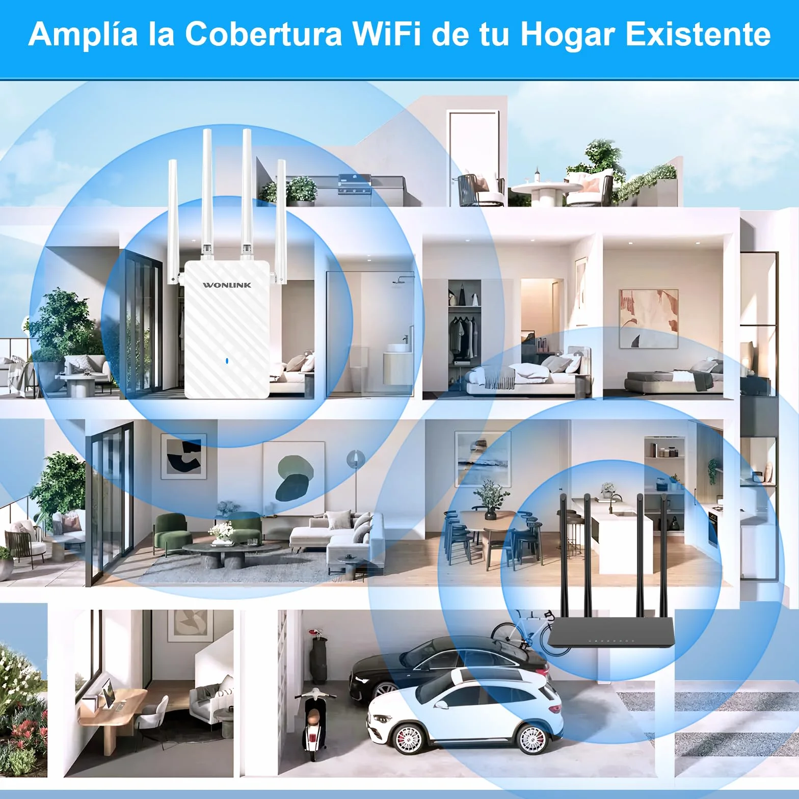 Amplificador Señal WiFi, AC1200Mbps Repetidor WiFi Doble Banda 2.4G/5G con 4 Antenas Externas - 3 Modos (Repetidor/Router/Ap), Puerto Ethernet, WPS Botón, MU-MIMO, Luz Indicadora, Enchufe EU