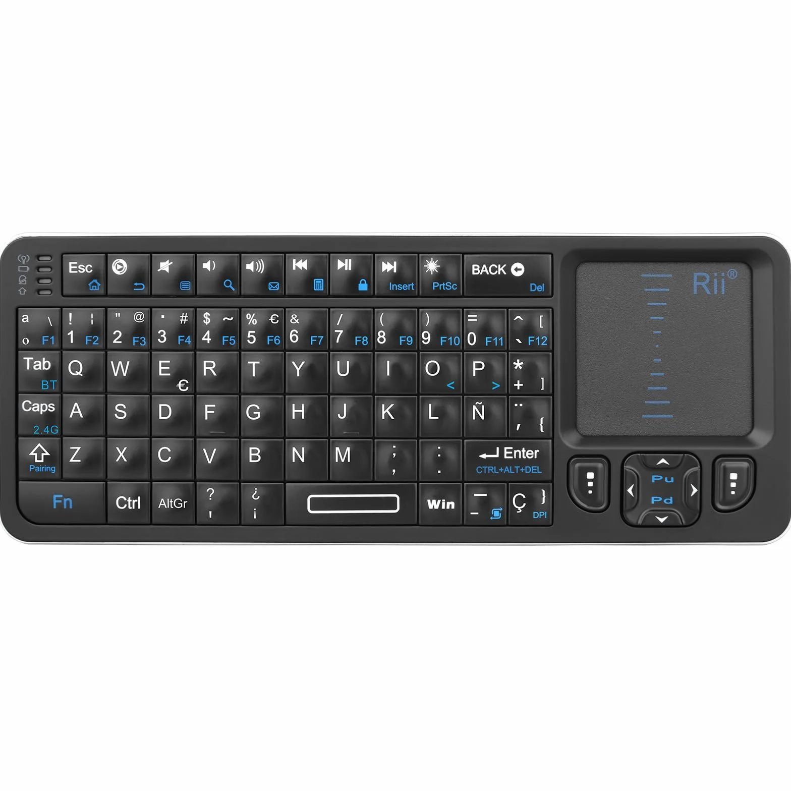 Rii K06 Mini Teclado Inalámbrico Retroiluminado, 2 Modos de Conectividad, con Aprendizaje IR, Portátil Ligero con Touchpad Compatible con Android TV Box, Mac, Windows (Versión Bluetooth y 2.4G)