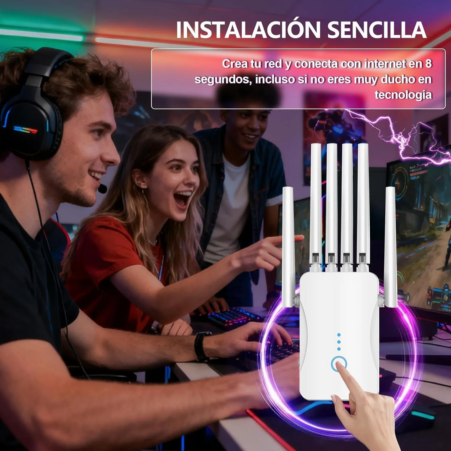 Repetidor WiFi Potente Amplificador Señal, Extender Largo Alcance 6 Antenas, Modo Repetidor/Ap, Cobertura 9000 ft², Hogar y Oficina, Instalación Sencilla