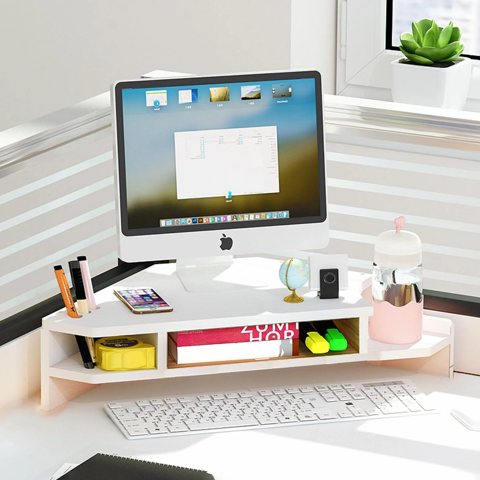 Soporte de Esquina para Monitor Elevador de Monitor de Esquina de Escritorio con Almacenamiento, Soporte de Pantalla Triangular de 2 Niveles con Ranura para Bolígrafo y Portavasos. Organizador de Sumi