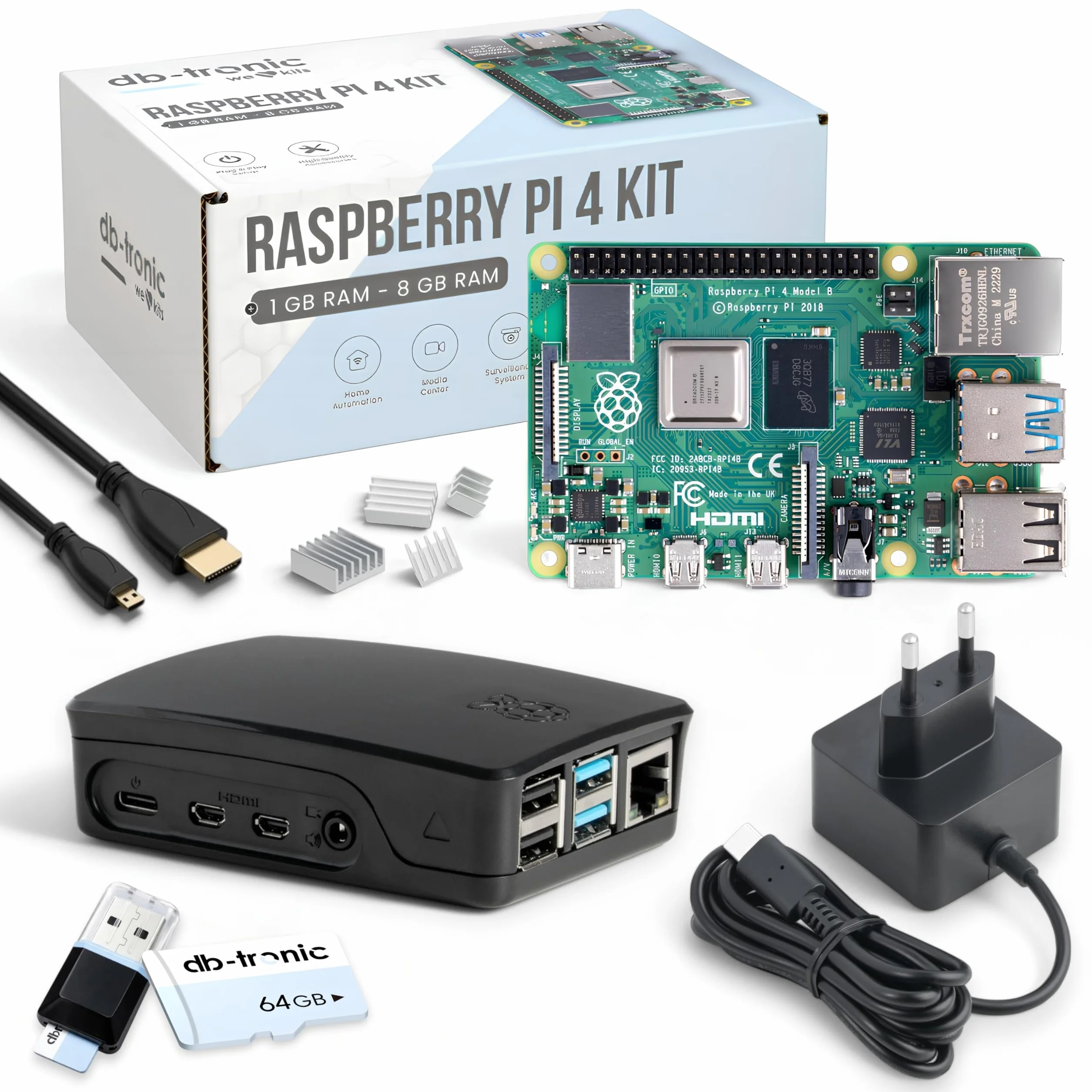 db-tronic Raspberry Pi 4 4 GB Starter Kit | Edición Negra 64 GB | Alimentación 15 W | Carcasa | Micro HDMI 4K | Disipadores | Lector USB | Ideal para Home Assistant y el Smart Home