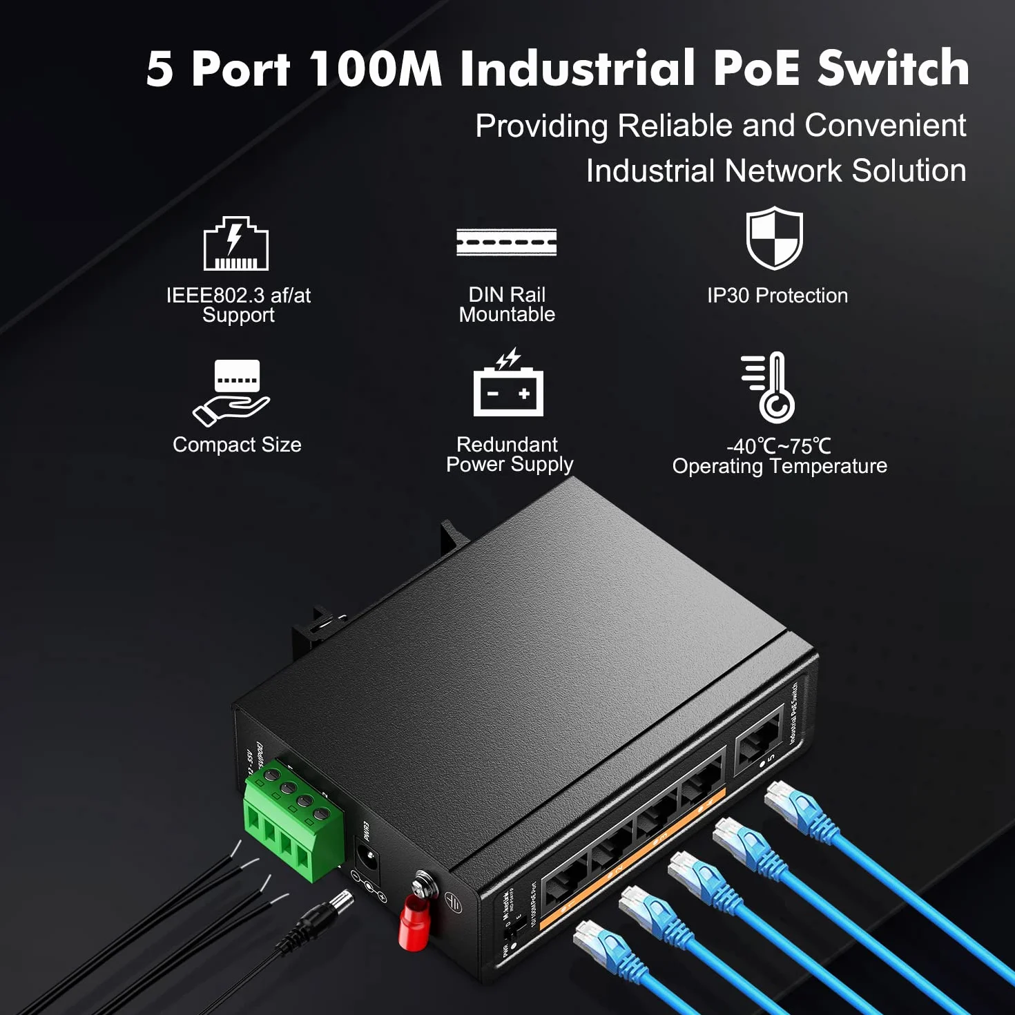 MokerLink Switch de riel DIN Industrial 5 Puertos PoE+, 4 Puertos PoE+ IEEE802.3af/at, 1 Enlace Ascendente, Fast Ethernet de 10/100 Mbps, riel DIN y Montaje en Pared incluidos