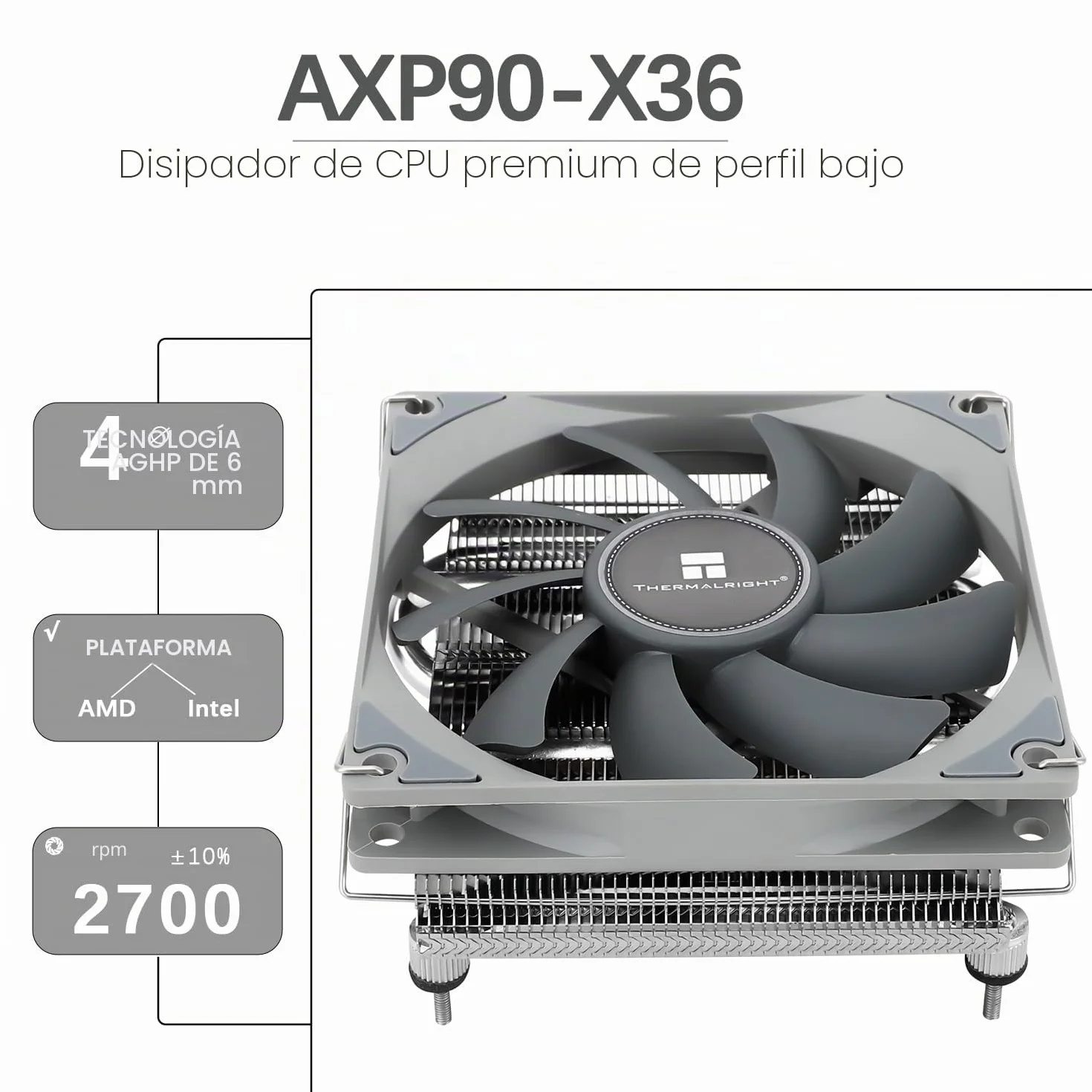 TR-Thermalright AXP90 X36 Refrigerador de CPU - 4 Tubos de Calor, Ventilador Silencioso de 92mm de Bajo Perfil-2700rpm, para AMD AM4/AM5, Intel LGA1851/1700/115x/1200, Refrigerador de PC de Bajo