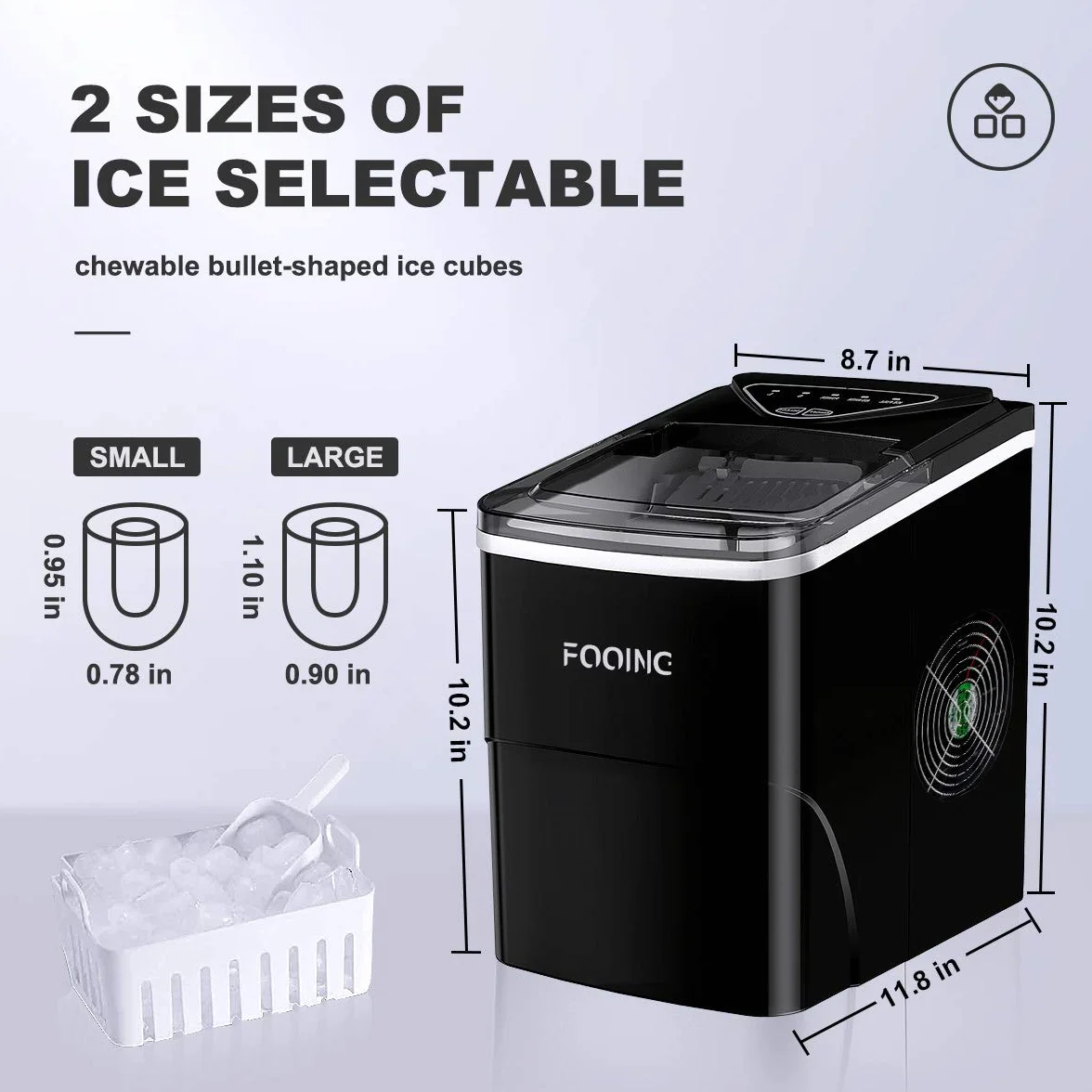 Máquina de Hielo Doméstica, Portátil, Autolimpieza, 9 Cubos en 6 Min, 15KG/24H, Encimera