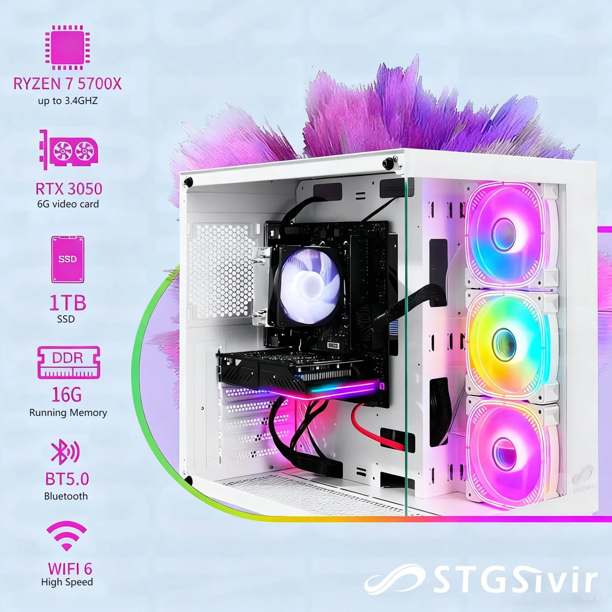 STGsivir PC Gaming, Ordenador de Sobremesa Gaming, GeForce RTX 3050 6GB GDDR6,Ryzen 7 5700X hasta 4.6Ghz,16GB DDR4,1TB SSD,WiFi 6,BT5.0,RGB Ventiladores x3,Windows11 Pro