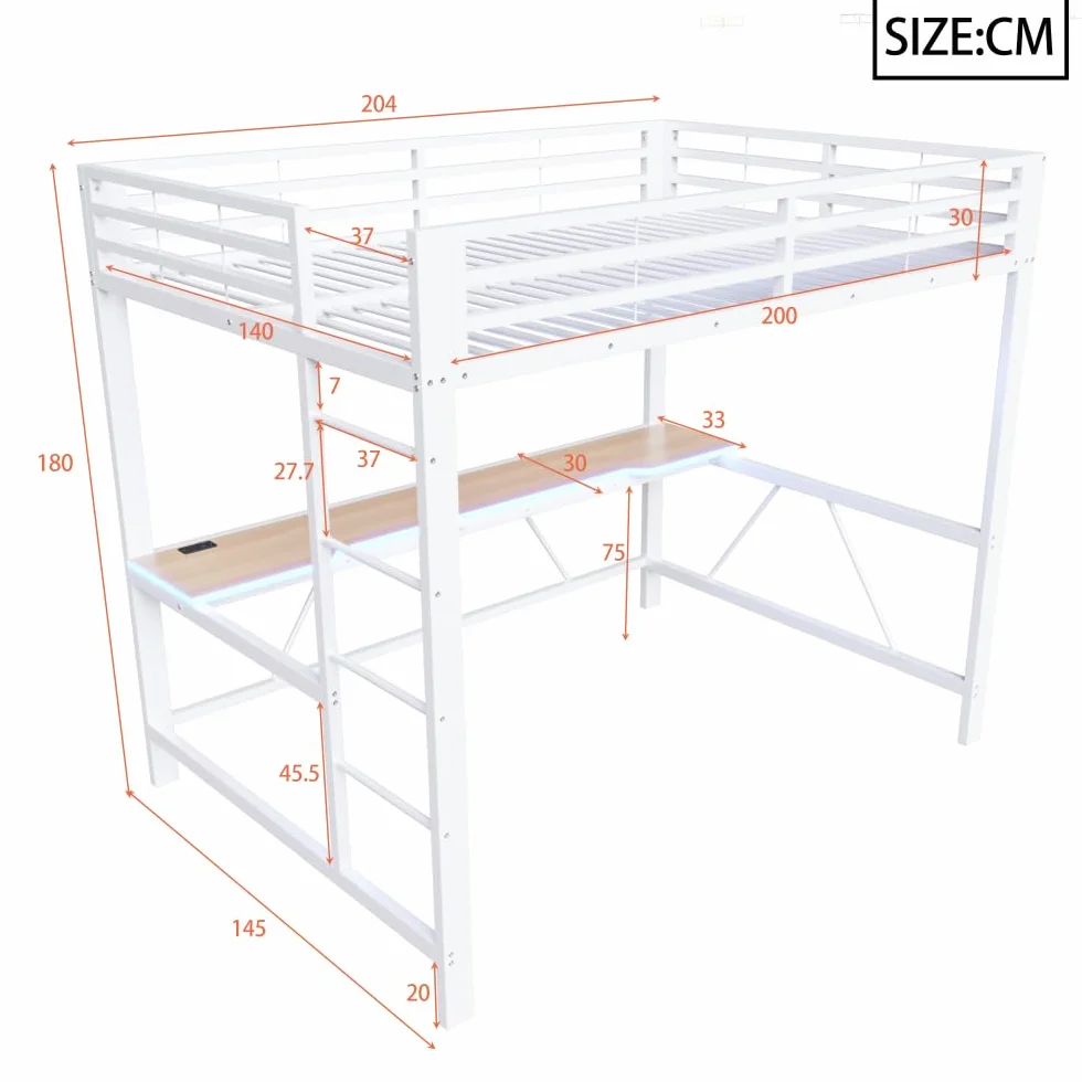Litera de 140 x 200 cm con tira LED, USB, cama alta para niños con escritorio, ahorra espacio, estructura de cama de metal para juegos con riel, sin colchón, apto para dormitorios y otros (blanco)