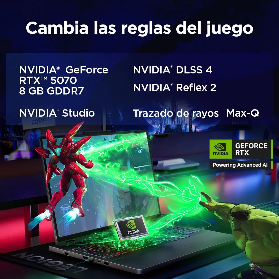 Lenovo Legion Pro 5 Gen10– Portátil Gaming IA 16" WQXGA (Intel Core i9-14900HX, NVIDIA GeForce RTX 5070, 32GB RAM, 1TB SSD, 240Hz, WiFi 6, Sin Sistema Operativo) QWERTY RGB 24 Zonas Español – Negro