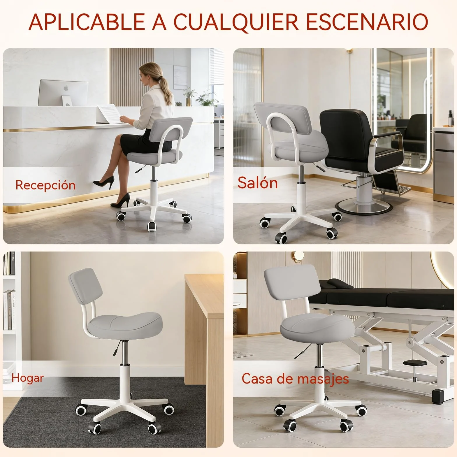 Taburete Giratorio Ergonómico con Respaldo y Ruedas para Peluquería, Dental y Oficina