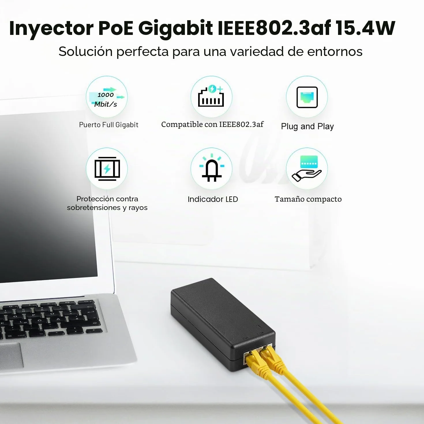 YuLinca Inyector PoE Gigabit 15,4 W, Adaptador PoE 802.3af Power Over Ethernet, 10/100/1000 Mbps, Adaptador no PoE a PoE, Plug & Play, Distancia de hasta 100 Metros