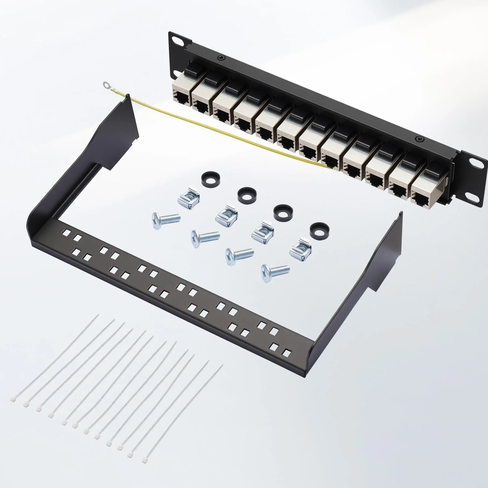 Panel de conexiones Cat 7, 1U 12 Puertos, panel de conexión Keystone de 10 pulgadas, panel de distribución LSA, acoplador Keystone blindado RJ45, compatible con cables de red Cat 7/6A/6/5e y Cat5
