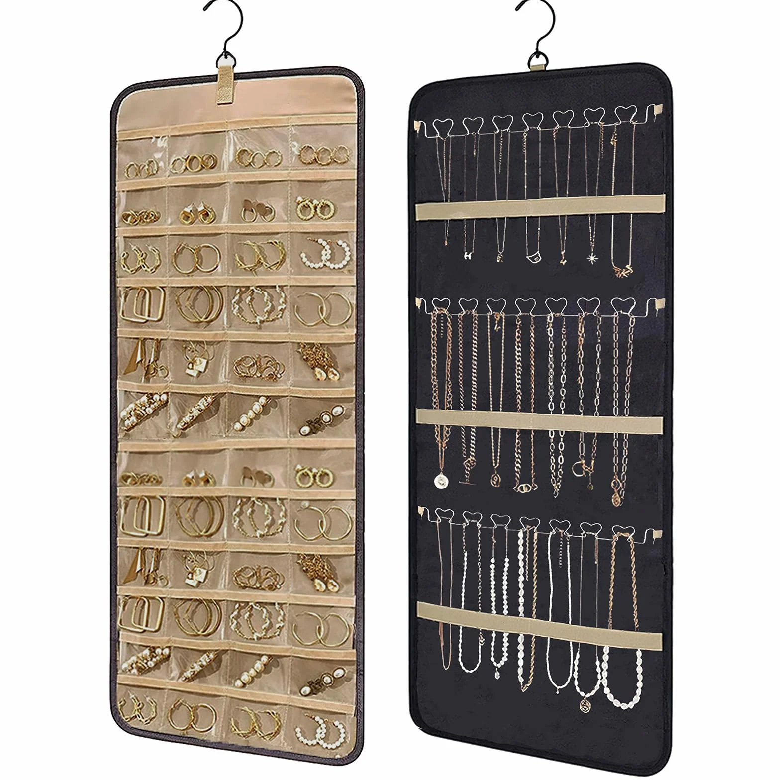 Organizador de Joyas Colgante de Doble Cara con Ganchos de Metal,Almacenamiento a Prueba de Polvo para Pendientes,Collares y Anillos–Joyero Colgante para Armario,Pared o Puerta (Negro,1 Pieza)