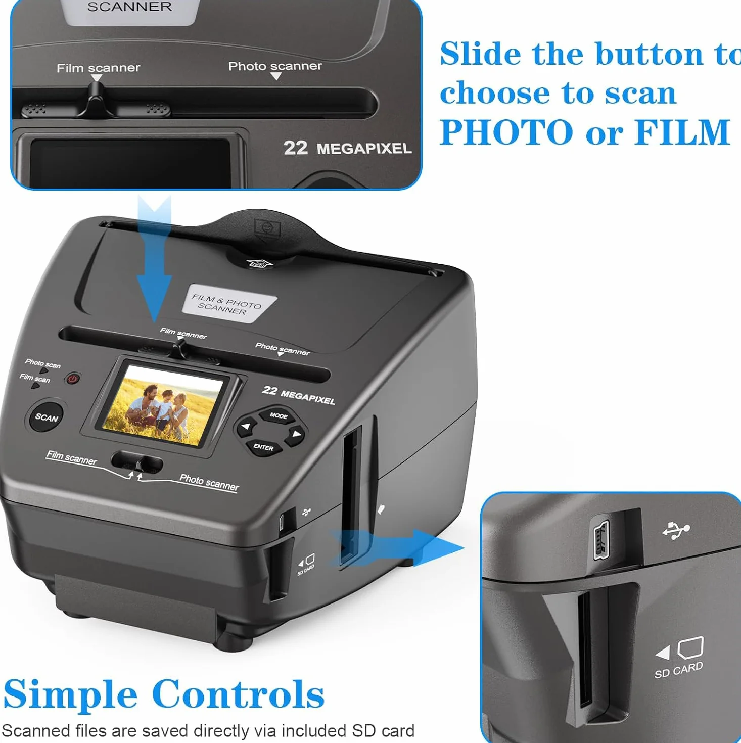 Escáner múltiple para Fotos, Diapositivas y negativas, Convierte Fotos negativas de 35 mm a Formato JPEG Digital, Software de edición de imágenes y Tarjeta de Memoria de 4 GB incluida