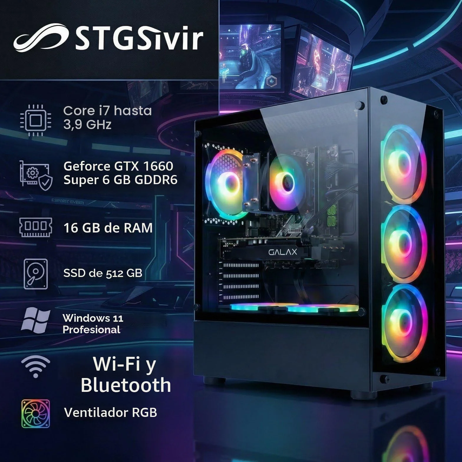 STGsivir PC Gaming, Ordenador de Sobremesa Gaming, Core i7 hasta 3.9GHz, Geforce GTX 1660 Super 6GB GDDR6, 16GB RAM,512GB SSD,WiFi 6,BT5.0,RGB Ventiladores x6,Windows11 Pro