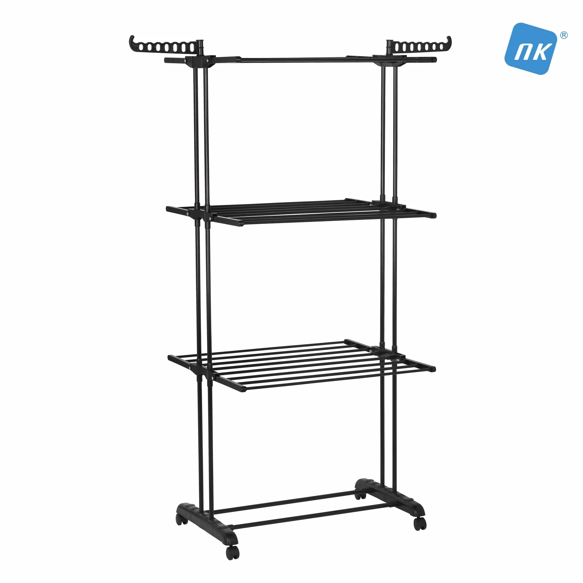 NK Tendedero Vertical Plegable 4 Niveles 6 Bandejas Retráctiles 2 Alas Laterales Zapatero Ruedas 360° Negro