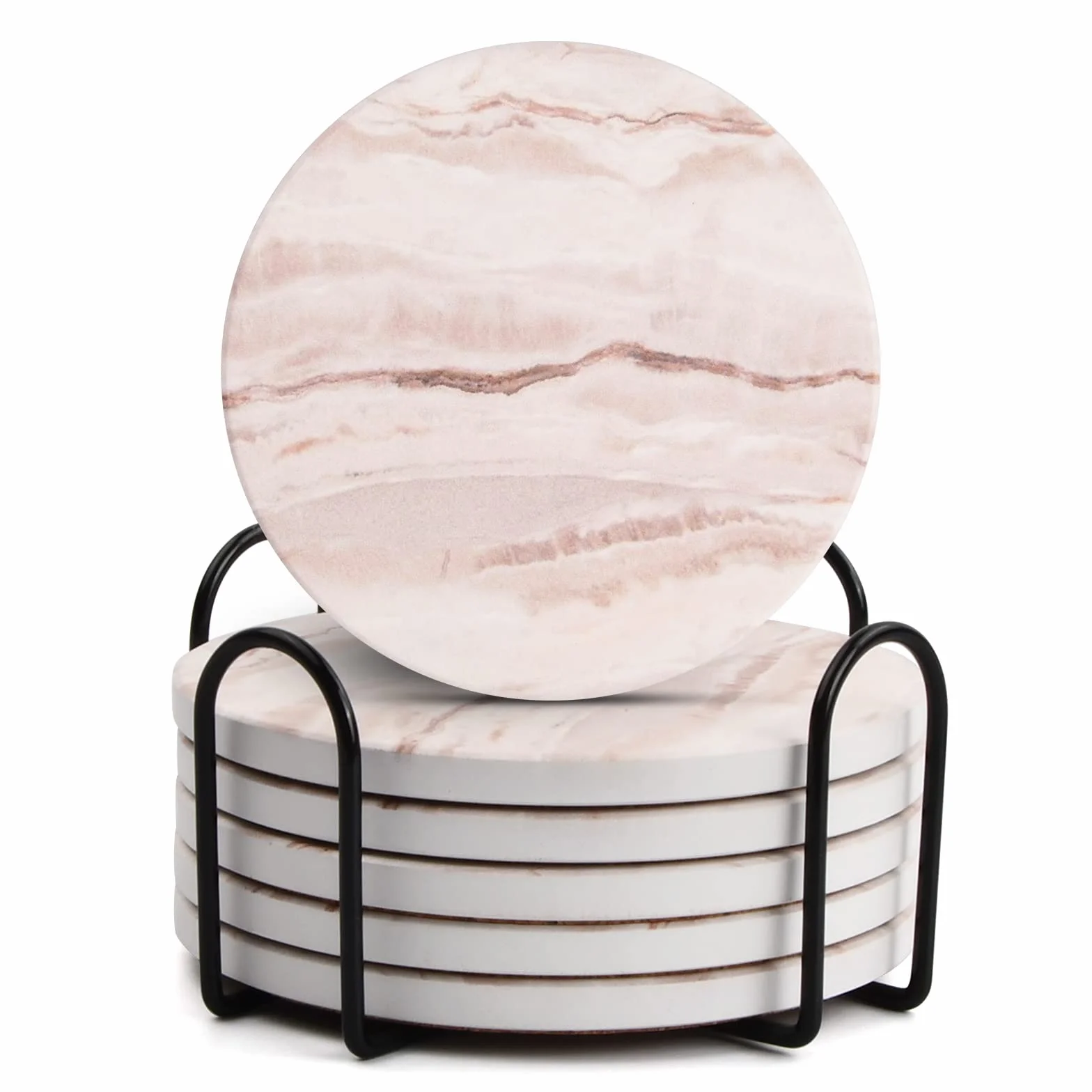 Posavasos Cerámicos Absorbentes con Soporte Set de 6 Base de Corcho Blanco