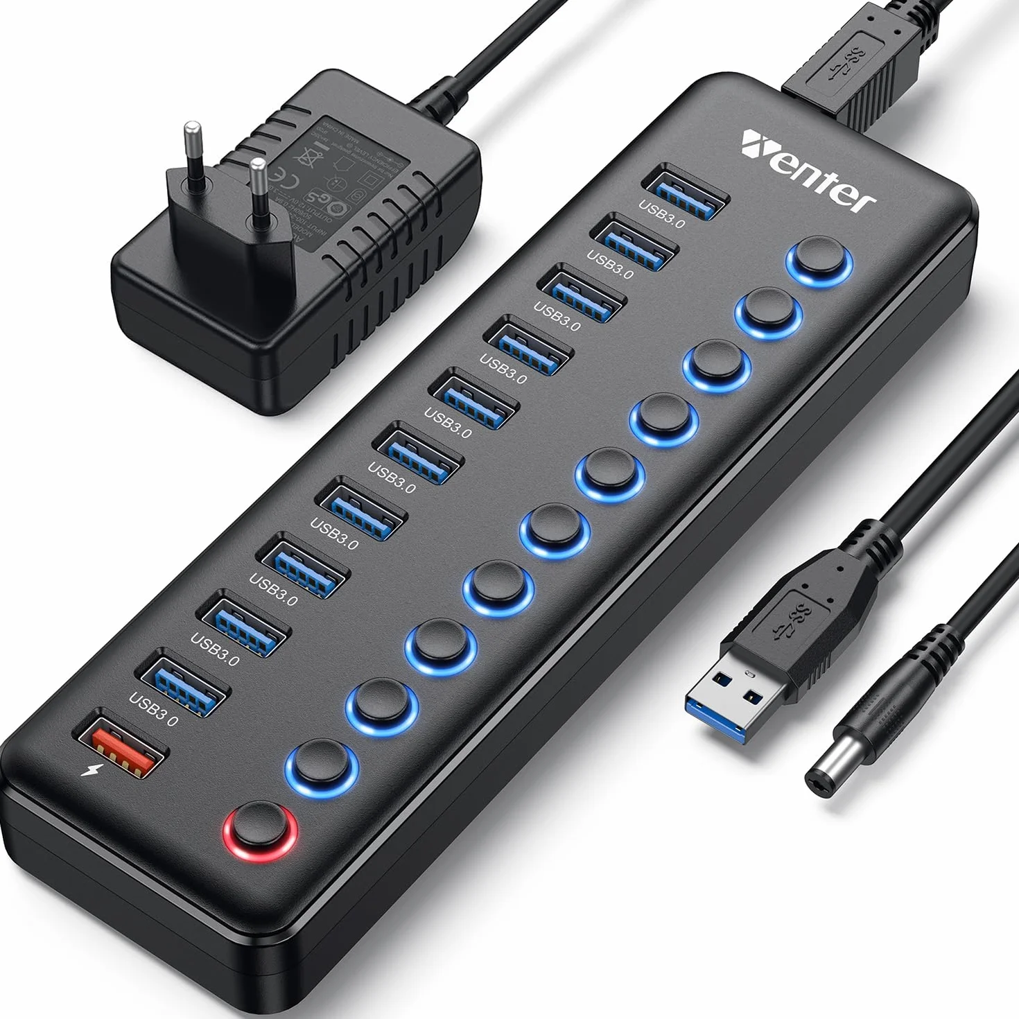 HUB USB 3.0 Alimentado Externa, WENTER Multipuerto USB 11 en 1, 10 Puertos de hub USB 3.0 y 1 Puertos de Carga rápida Indicador Ladron USB Concentrador USB LED y Active Switch con Adaptador de Corrien
