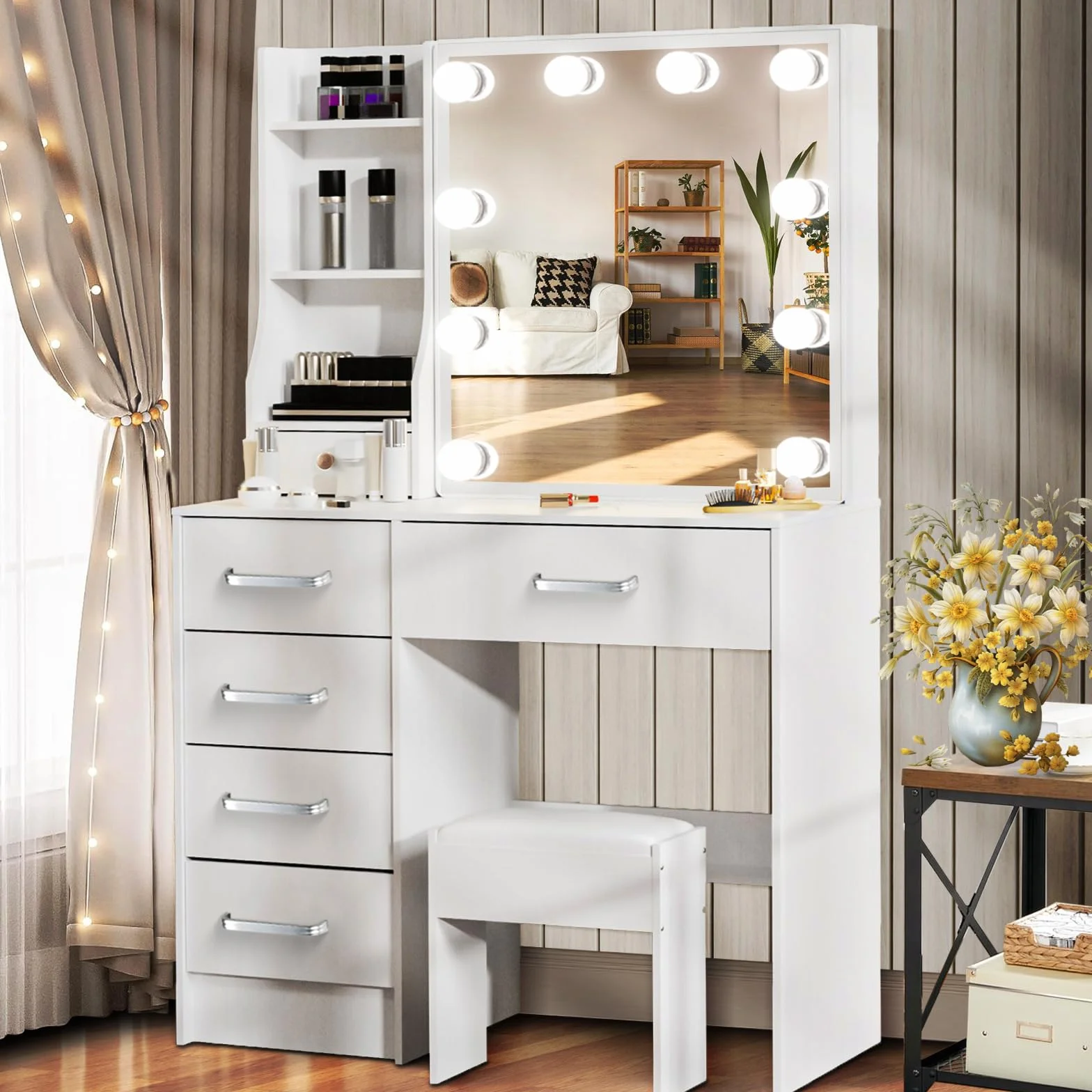 Tocador con Espejo y Luces, Tocador de Maquillaje con Taburete, 6 Cajones y 6 Estantes, 3 Colores de Luz Regulables, Mesa de Maquillaje para Dormitorio 80 x 36 x 130 cm Blanco