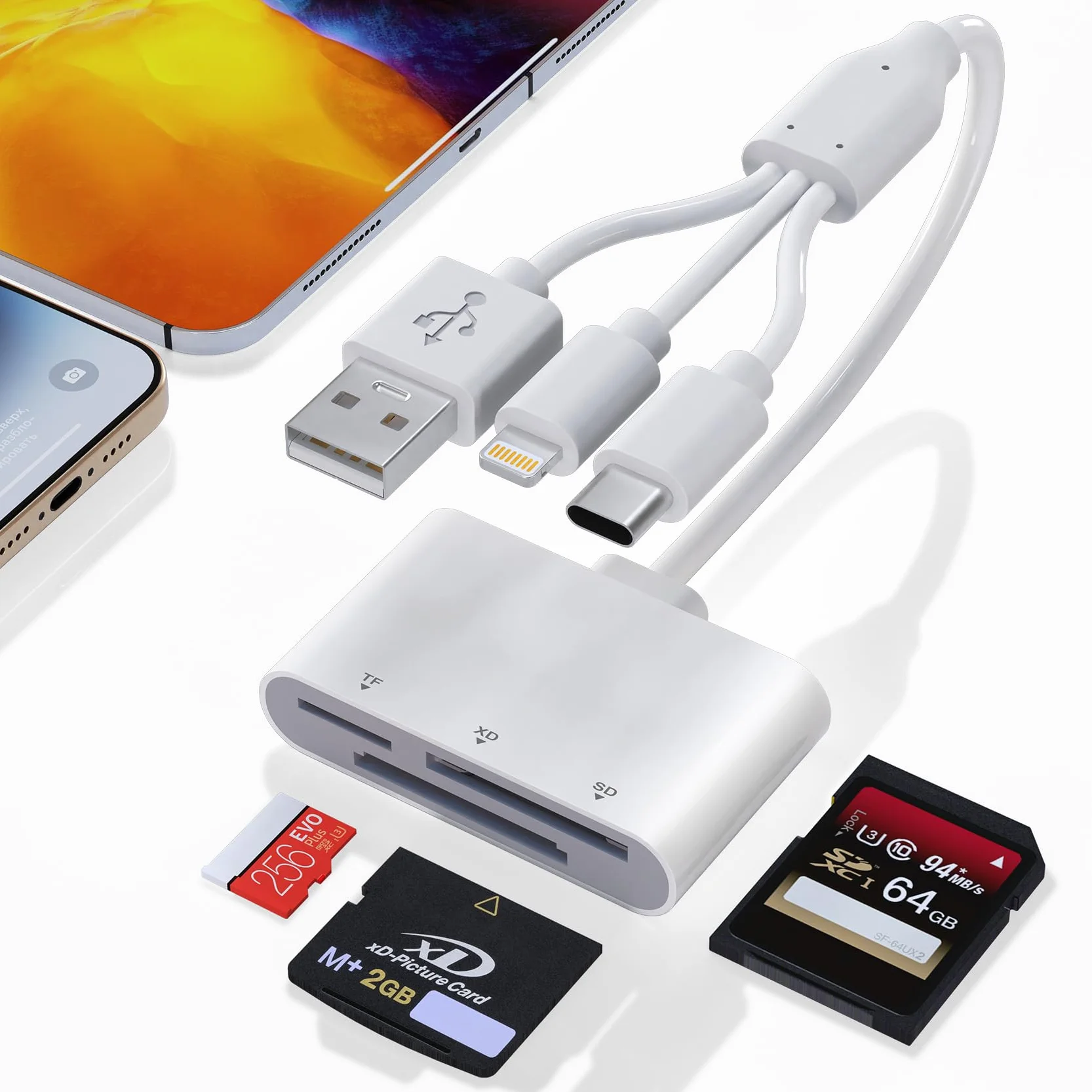 Lector de tarjetas XD, lector de tarjetas SD para iPhone/Lightning/USB C/USB, 3 en 1 MicroSD/SD/xD, lector de tarjetas de memoria, adaptador de teléfono, uso para Android, iPhone 16/15/14, iPad