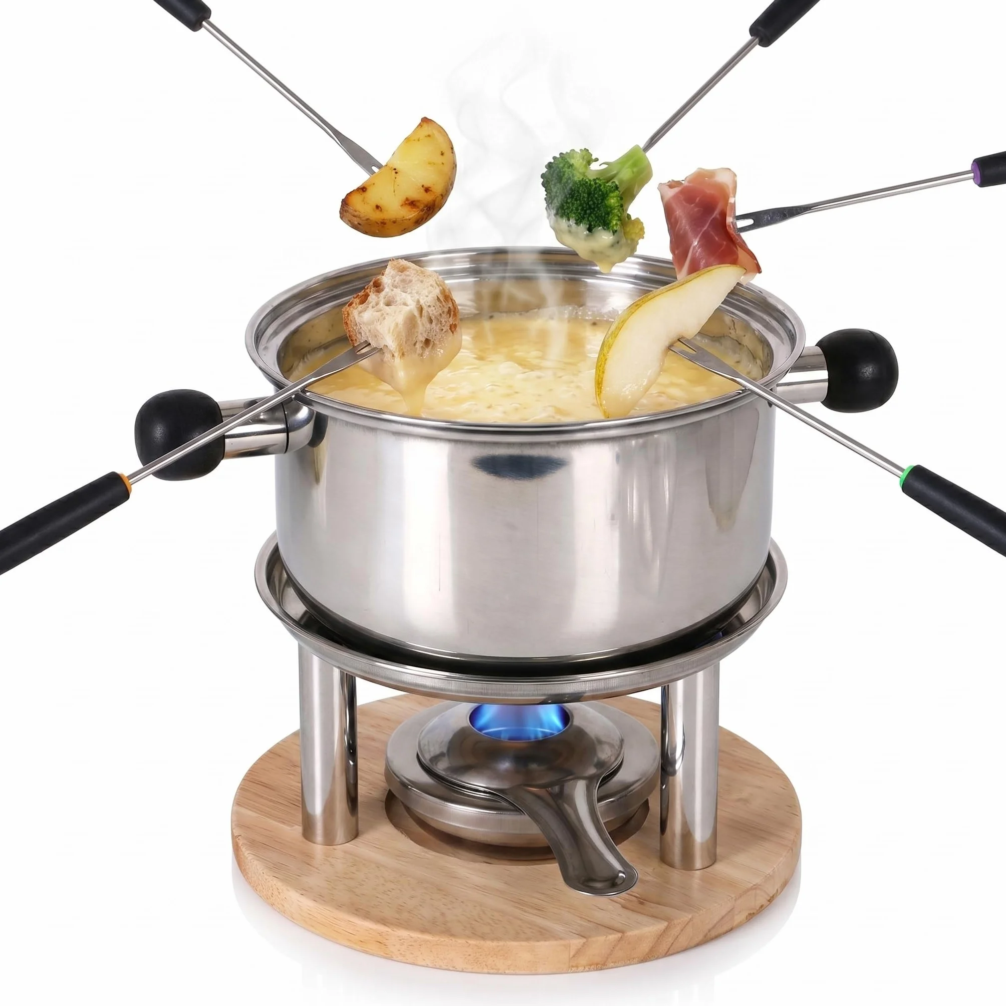 SANTA CLARA | Set de Fondue de Acero Inoxidable para 6 Comensales, Olla con Tapa y Quemador con Soporte, Incluye 6 Tenedores con Marcadores de Color, Ideal para Queso y Chocolate, Menaje de Cocina