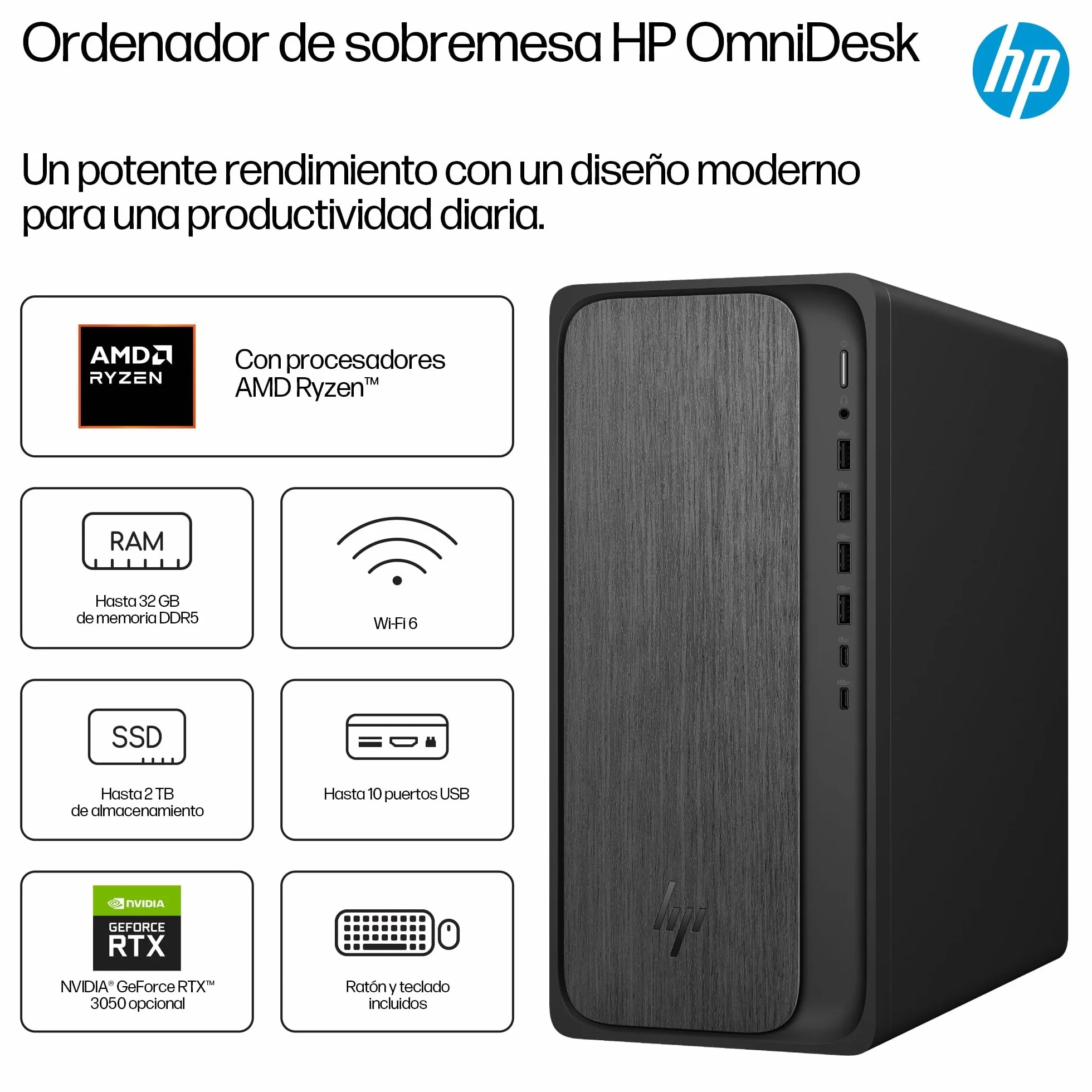 HP Ordenador de Sobremesa OmniDesk (AMD Ryzen 7 8700G, 16GB RAM, 1TB SSD, Gráficos AMD Radeon, FreeDOS) - Negro