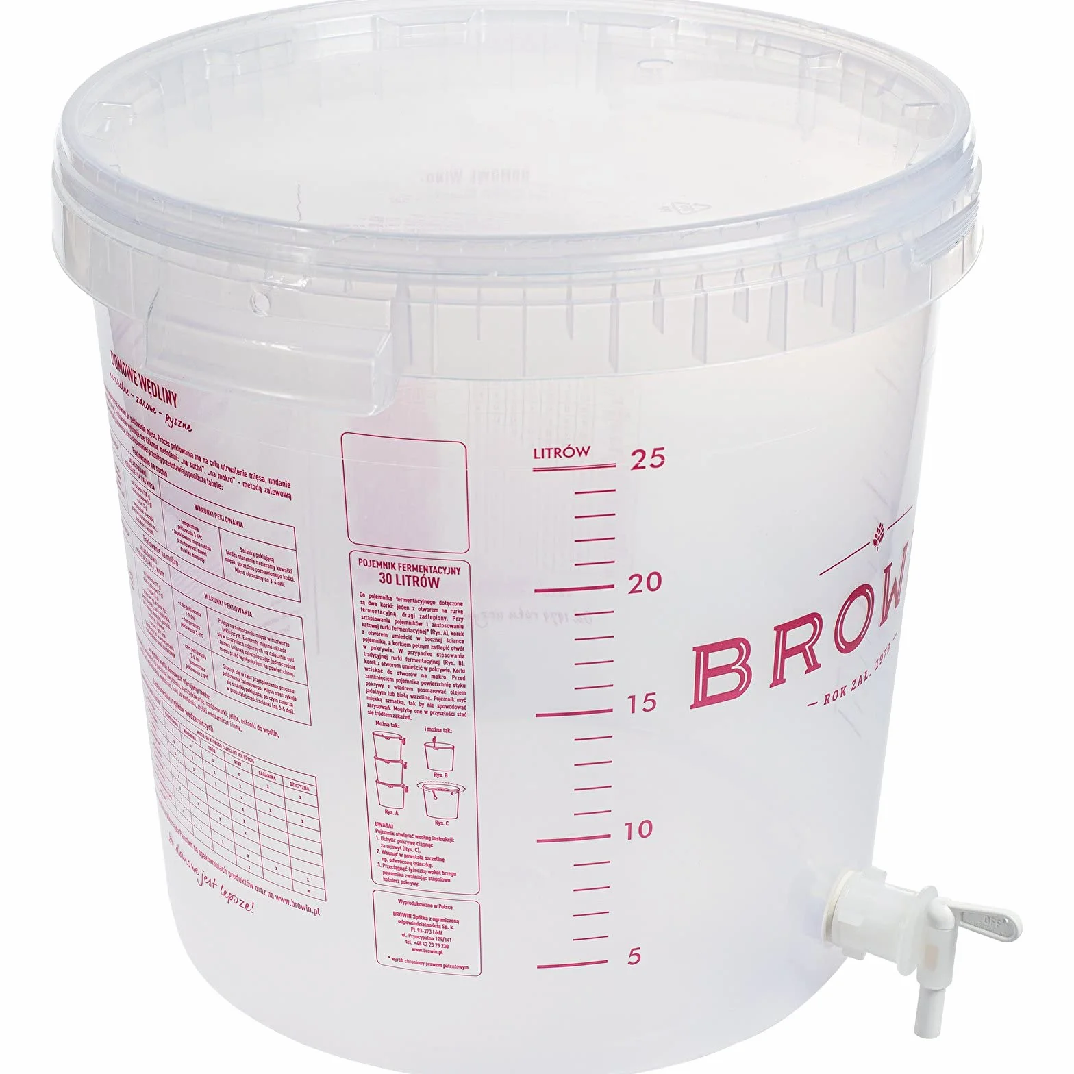 Browin 340439 Recipiente de fermentación transparente 30 L con grifo giratorio y tapa Escala para fermentación de cerveza vino