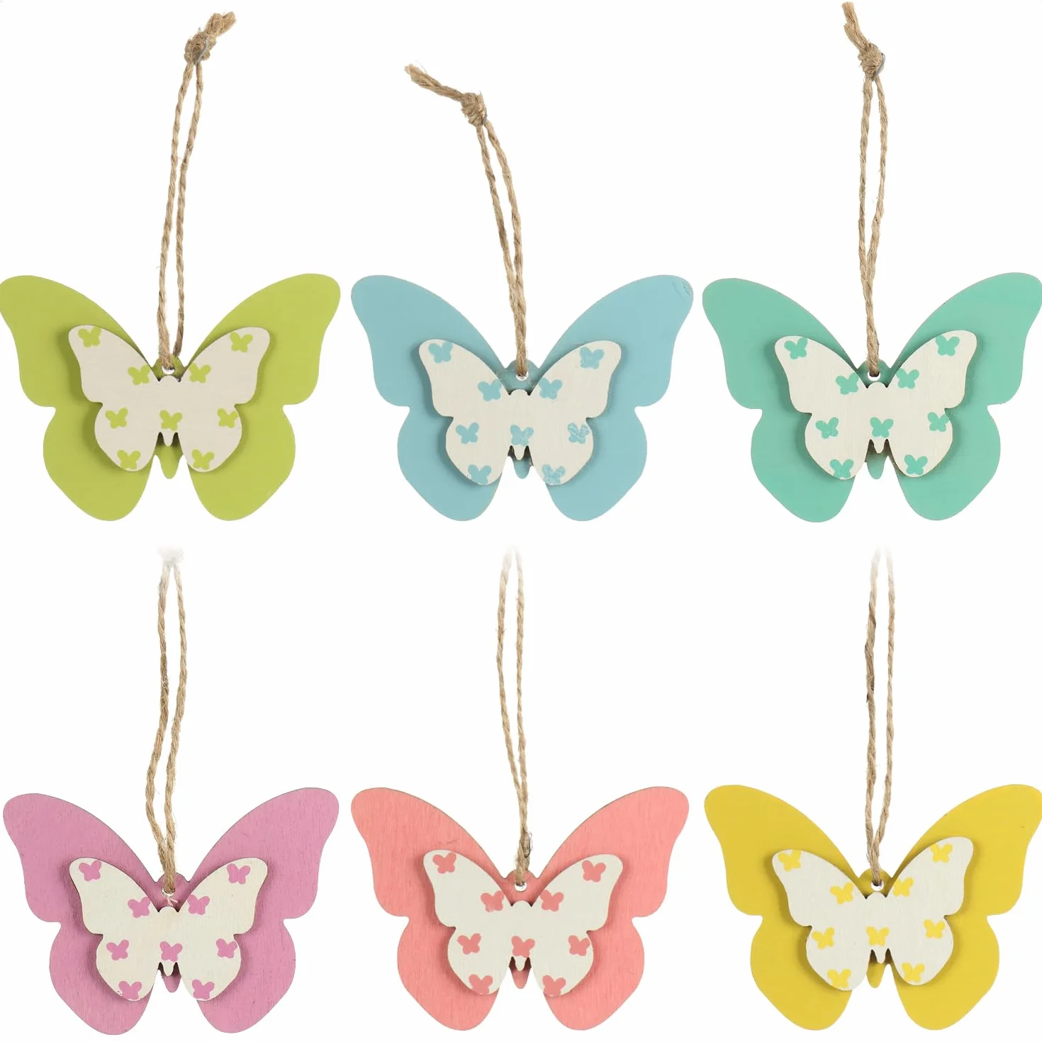 COM-FOUR® 6X Perchas Decorativas de Madera - Mariposas de Colores para Colgar - Perchas de Madera para el Ramo de Pascua - Mariposas Decorativas (6 Piezas - 6 Colores)