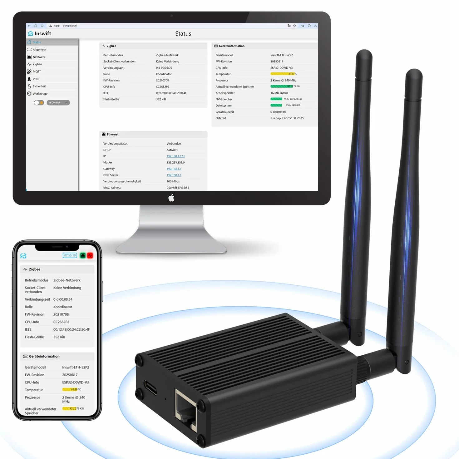 AVATTO Zigbee Dongle Plus Gateway compatible con Ethernet, Wi-Fi y USB Conexión Home Assistant | ESP32 V3 Dual-Core 240 MHz Flash 16 MB CC2652P/CC2652P7 SoC | Compatible con ZHA / Zigbee2MQTT
