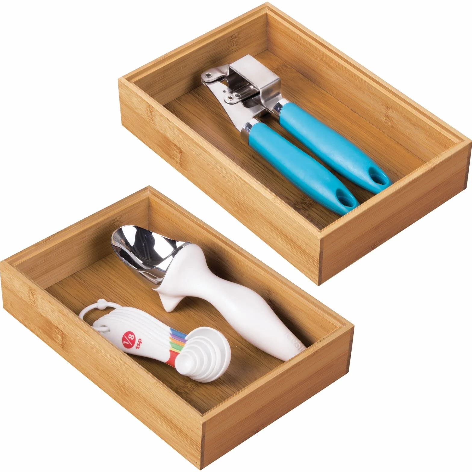 mDesign Paquete de 2 organizadores funcionales para cajones, elegante divisor de cajones de cocina de bambú para cubiertos, cubiertos, utensilios, práctico separador de cajones, color marrón claro