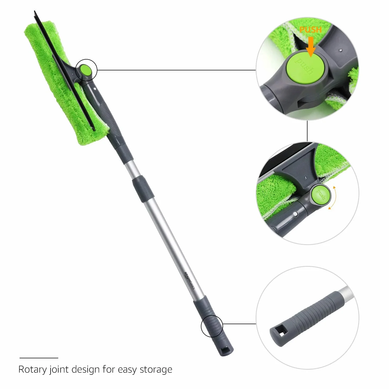 Amazon Basics Limpiacristales Extensible Cabezal Giratorio 180° Mango Telescópico 66-96,5 cm