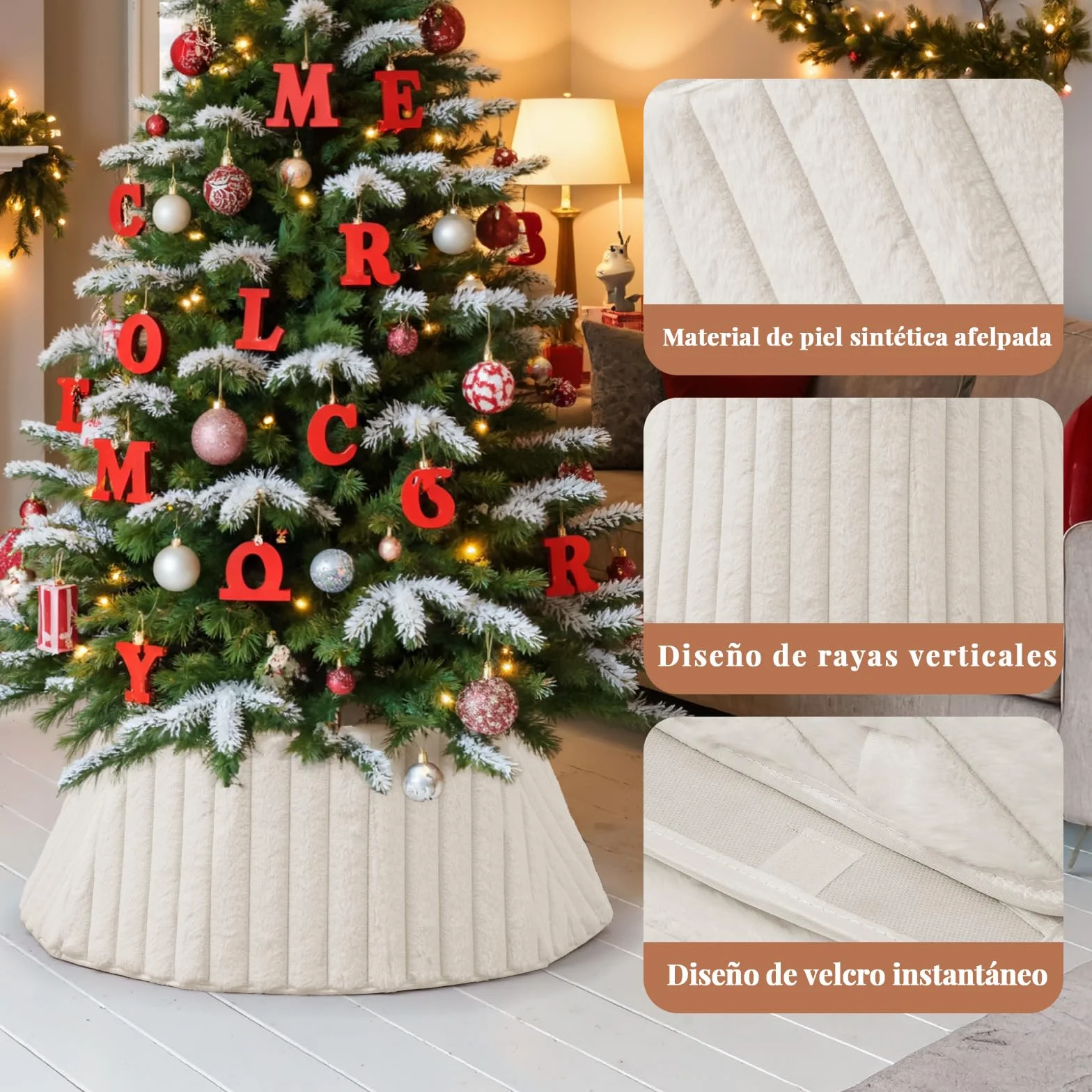 Collar de Árbol de Navidad 60cm Piel Sintética Falda Cubre Base Alfombra Decoración Navideña Interior Blanco