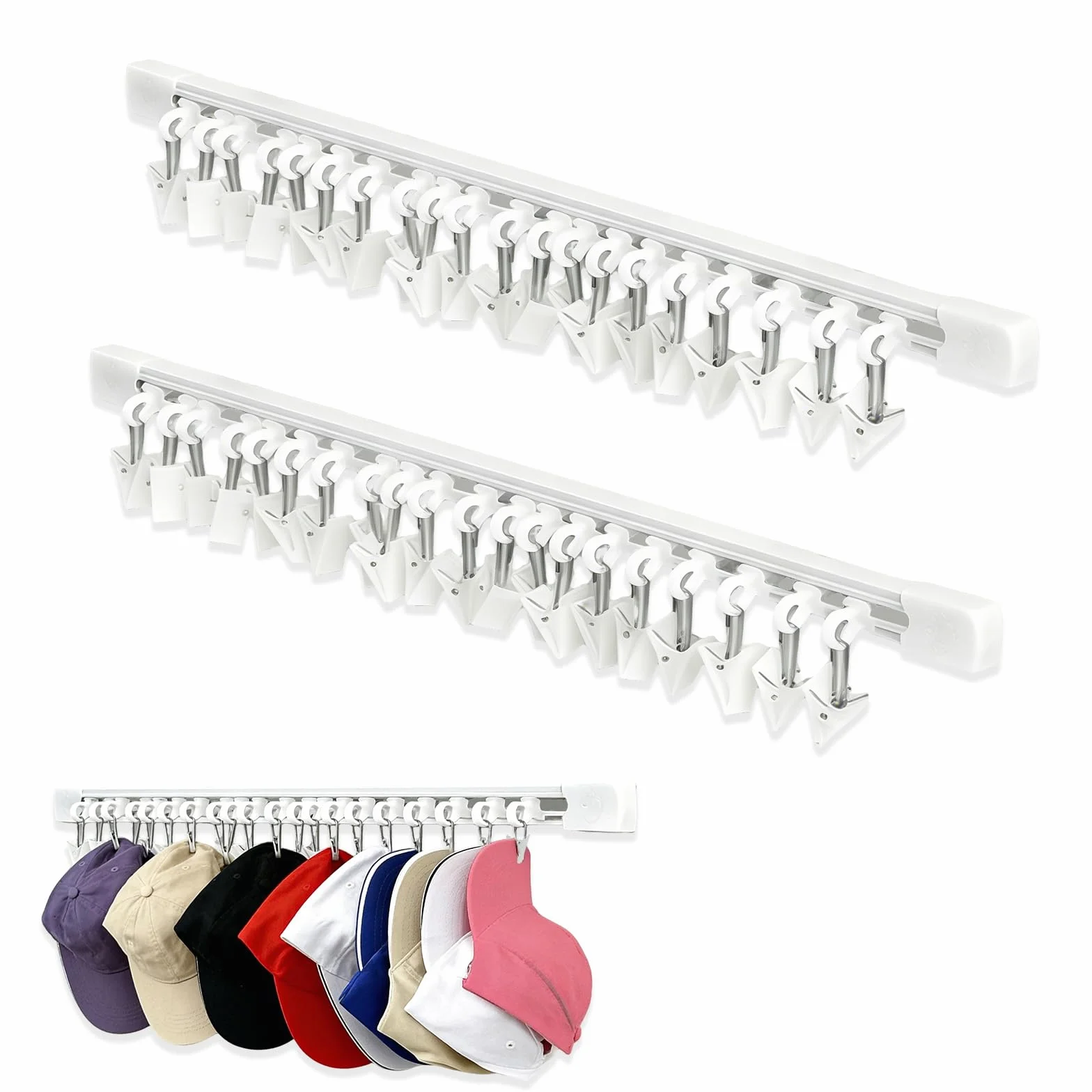 Organizador de Gorras, 2 Piezas Colgador Gorras, Organizador de Sombrero con 20 Pinzas, Adhesivo Guarda Sombreros para Pared Puerta Armario, Cap Holder para Bufandas, Calcetines y Corbatas