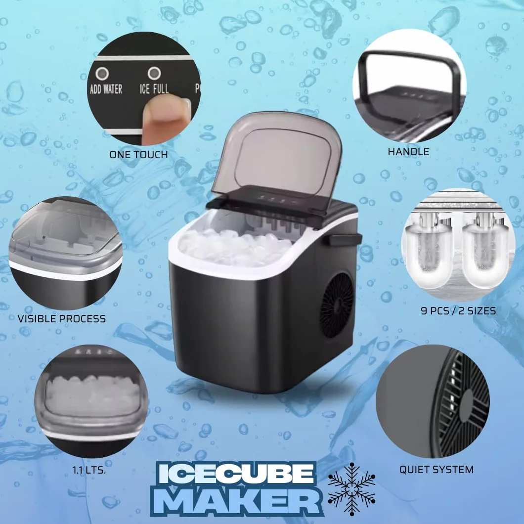 Máquina de Hielo Ice Cube Maker 10 kg/día Cubitos Tipo Bala Bajo Ruido Ventana Visible Asa Integrada Drenaje
