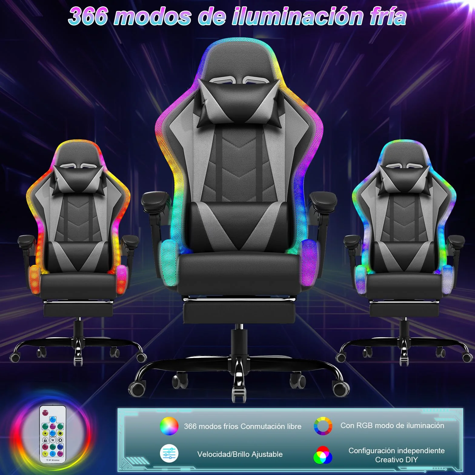 Devoko Silla Gaming con Masajeador y LED Ergonómica Oficina Reposapiés Iluminación RGB (Gray)